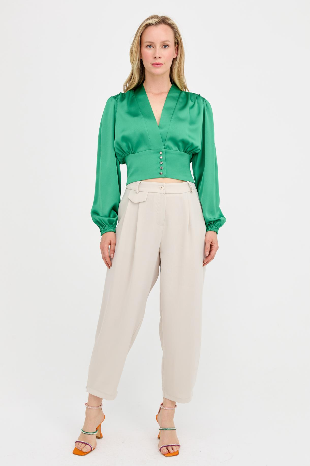 V Yaka Beli Korsajlı Saten Crop - YEŞİL