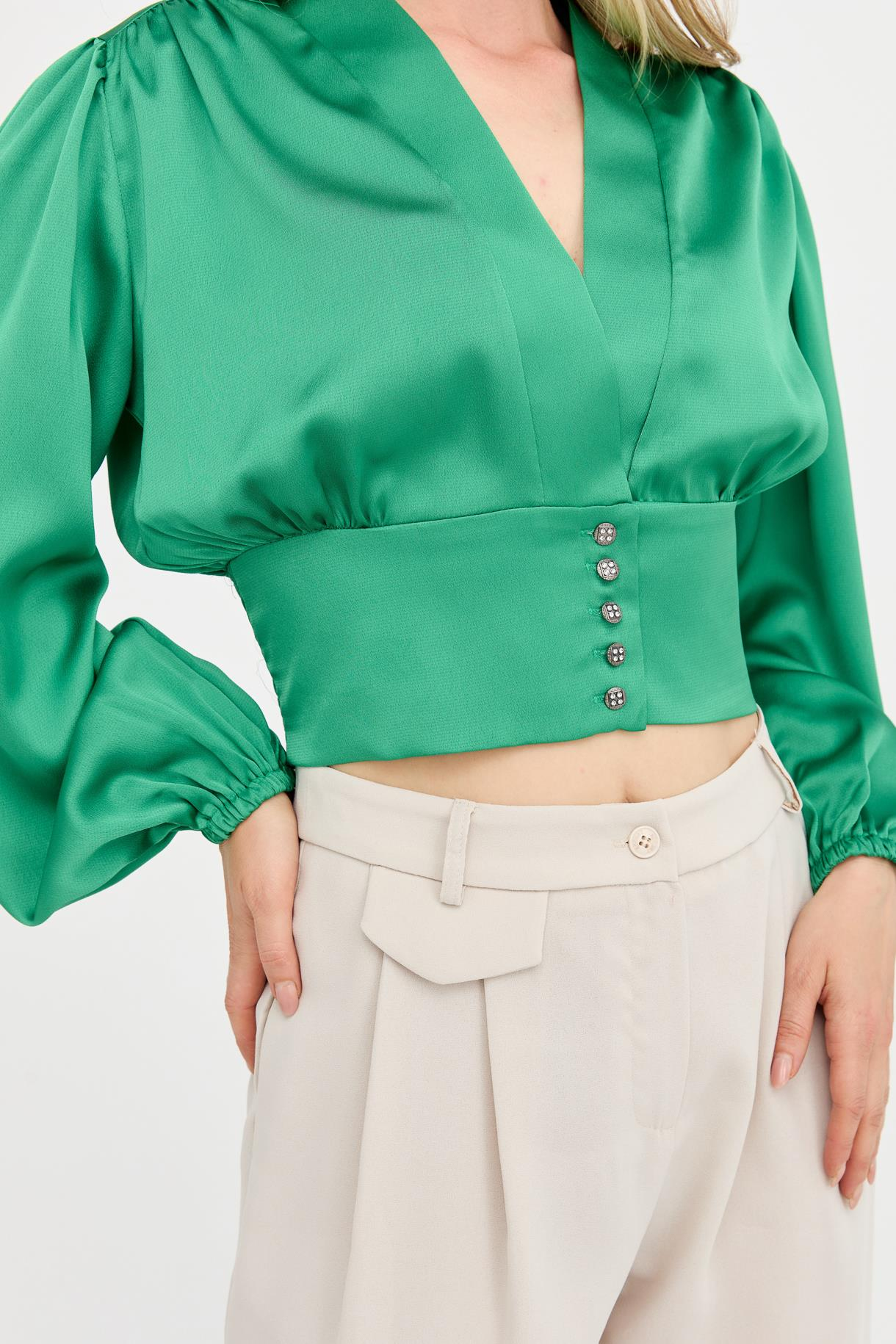V Yaka Beli Korsajlı Saten Crop - YEŞİL
