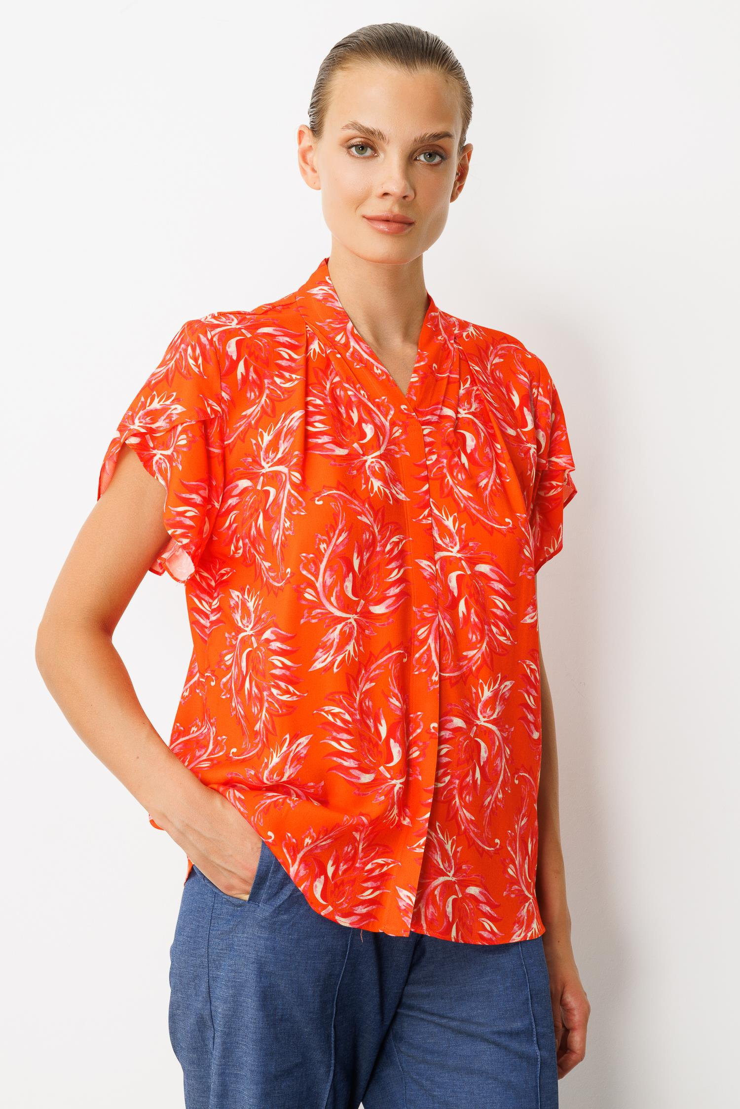 V Yaka Desenli Bluz-KIRMIZI