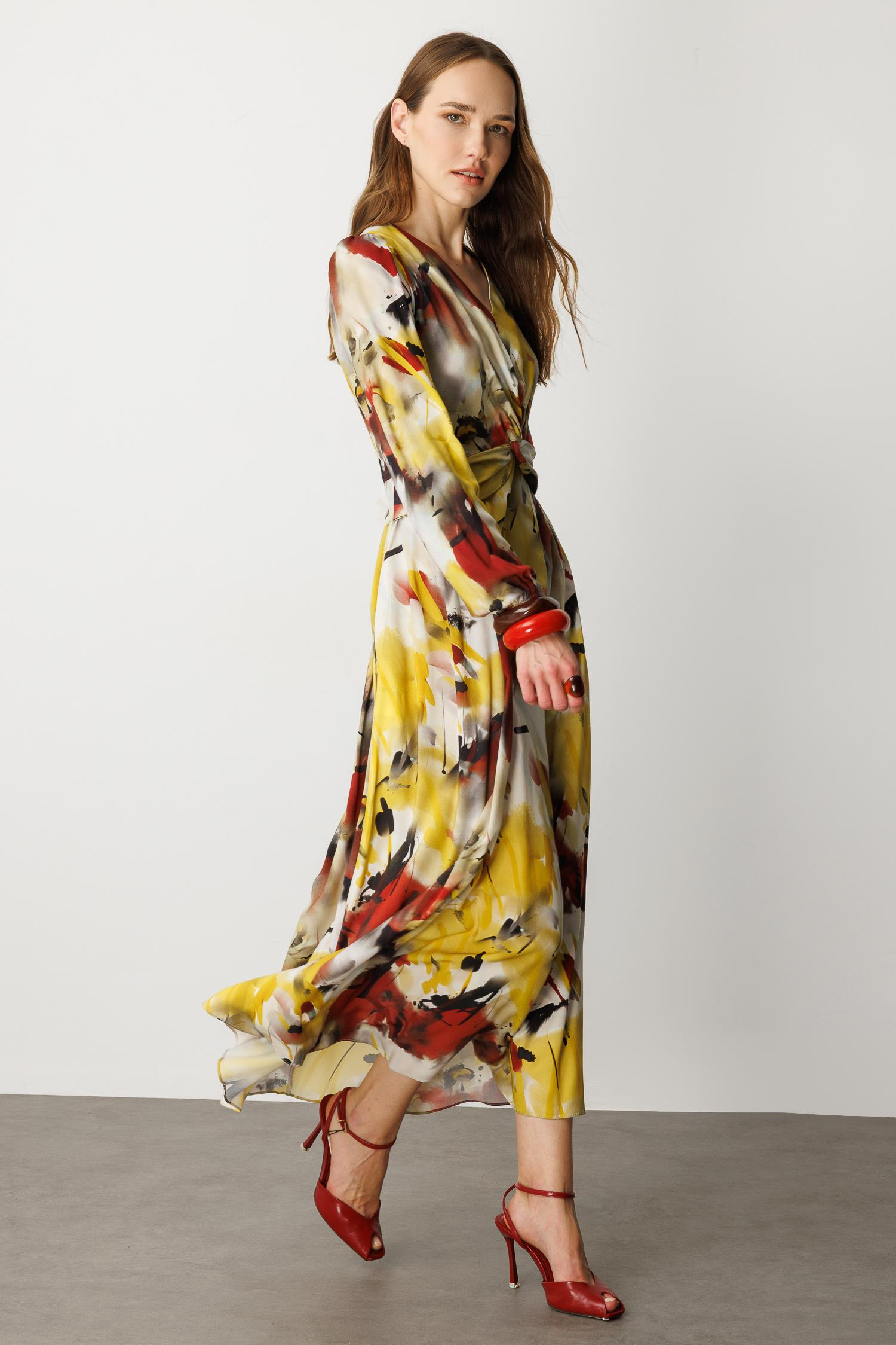 V Yaka Desenli Uzun Elbise-SARI