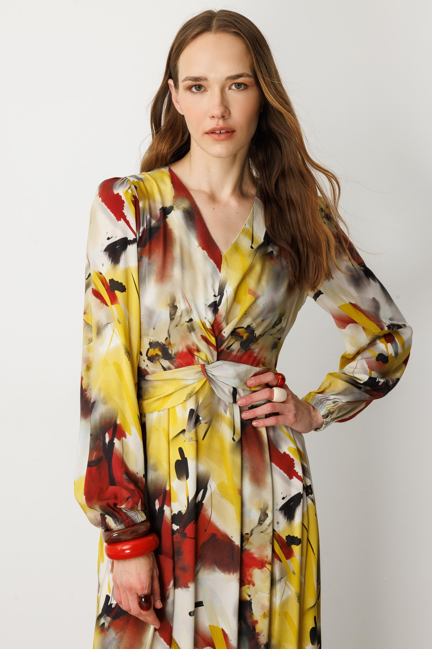 V Yaka Desenli Uzun Elbise-SARI