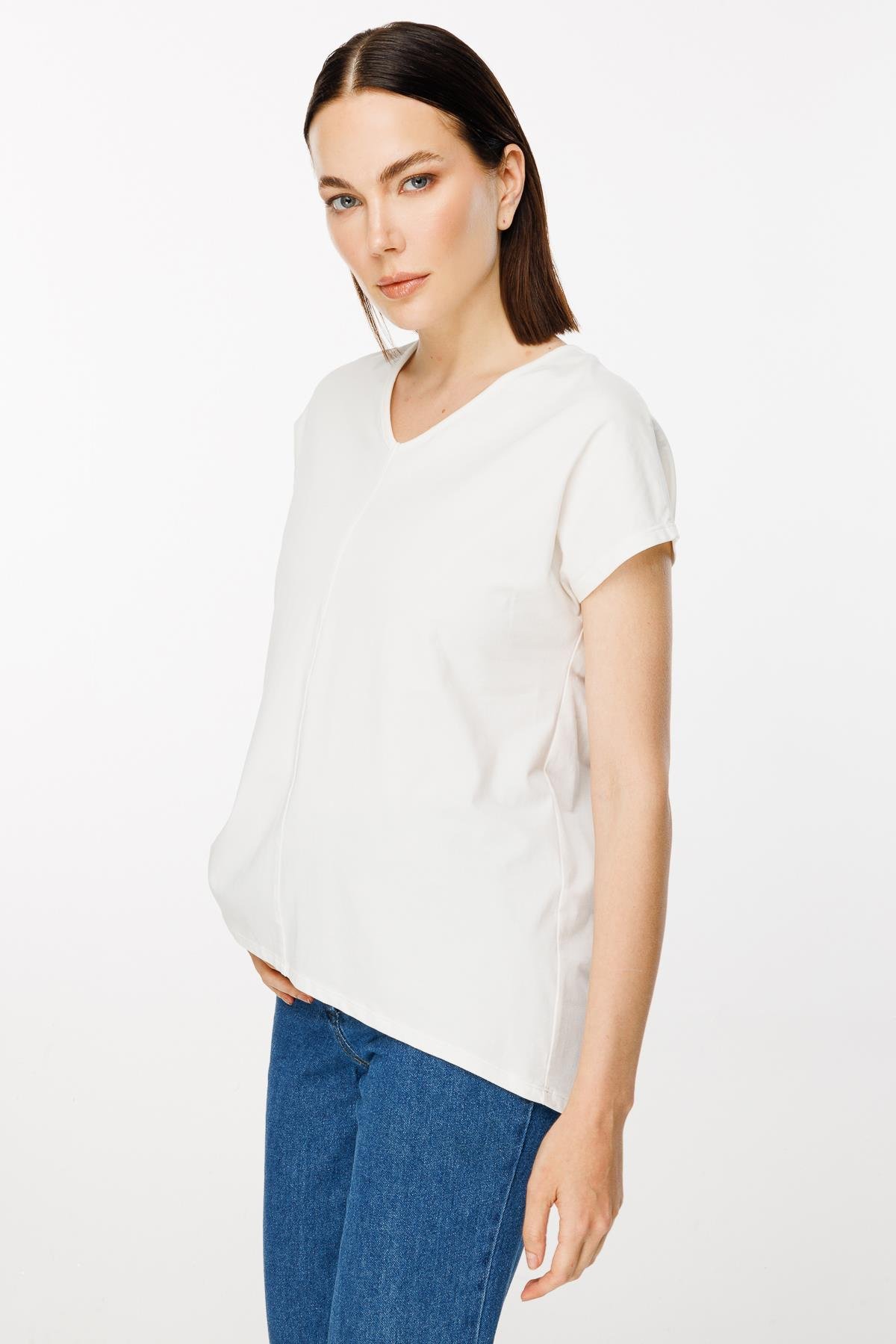 V Yaka Önü Dikiş Detaylı Tişört - KEMIK