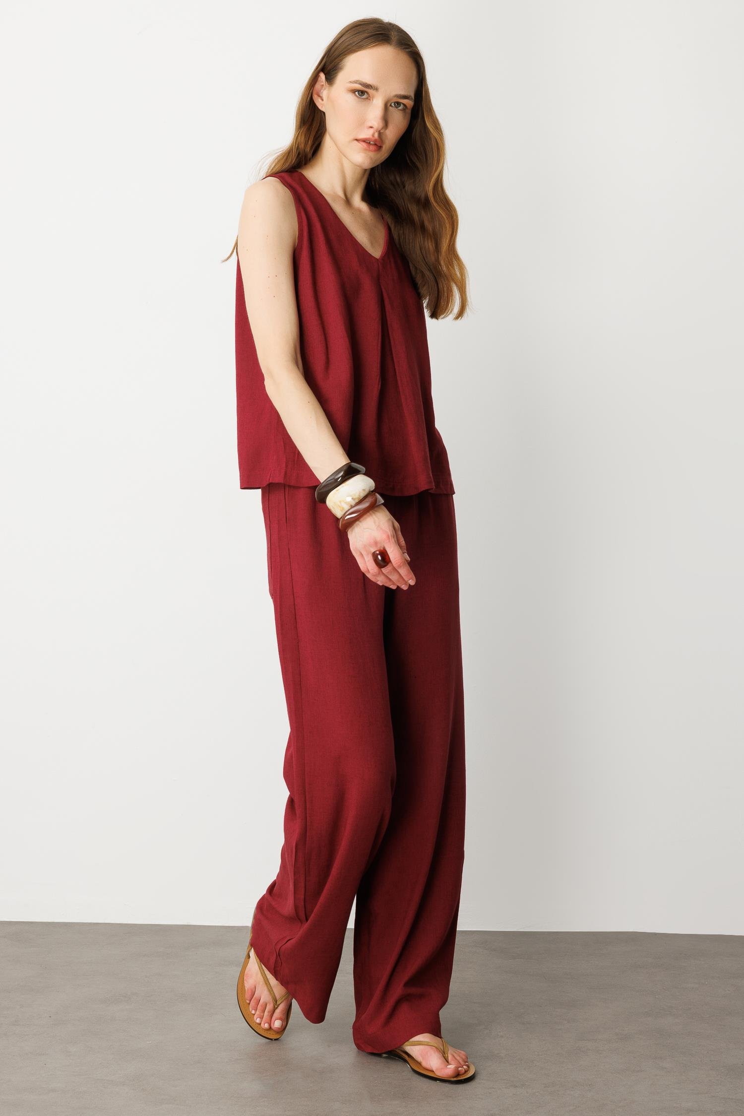 V Yaka Pamuklu Keten Bluz-BORDO