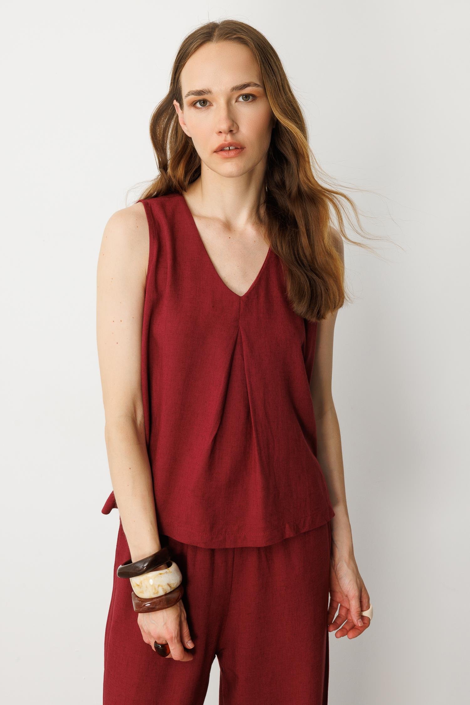 V Yaka Pamuklu Keten Bluz-BORDO