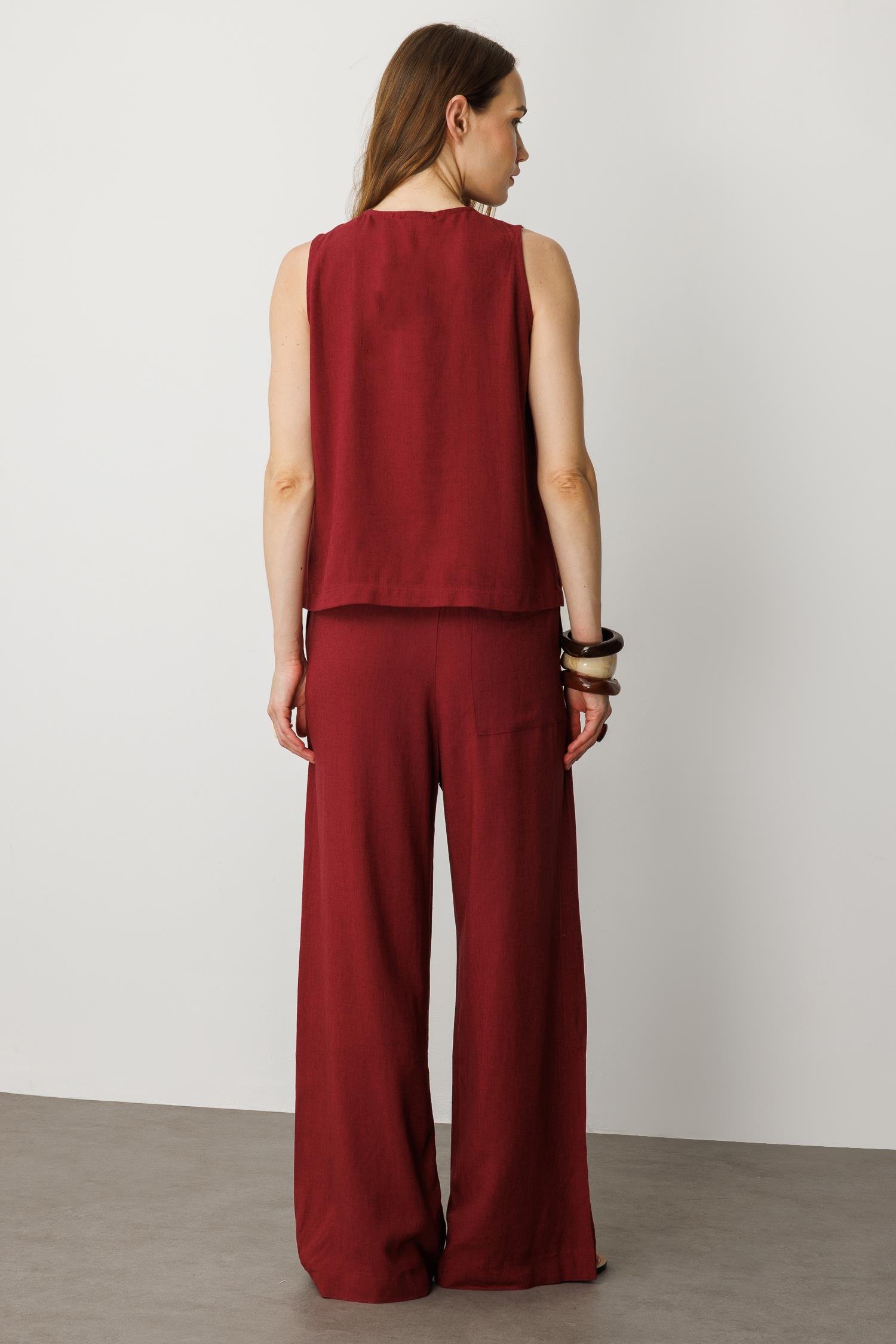 V Yaka Pamuklu Keten Bluz-BORDO