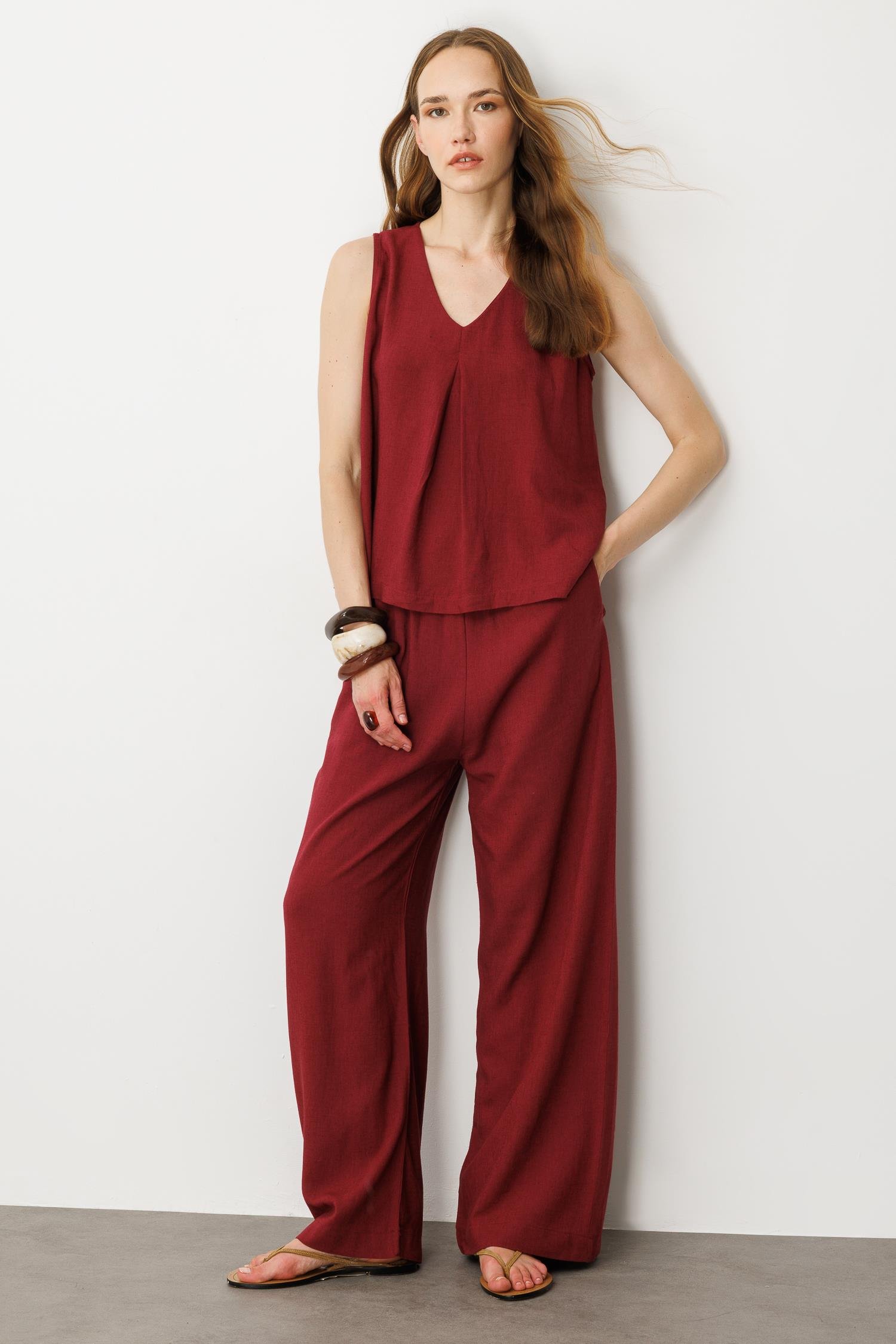 V Yaka Pamuklu Keten Bluz-BORDO