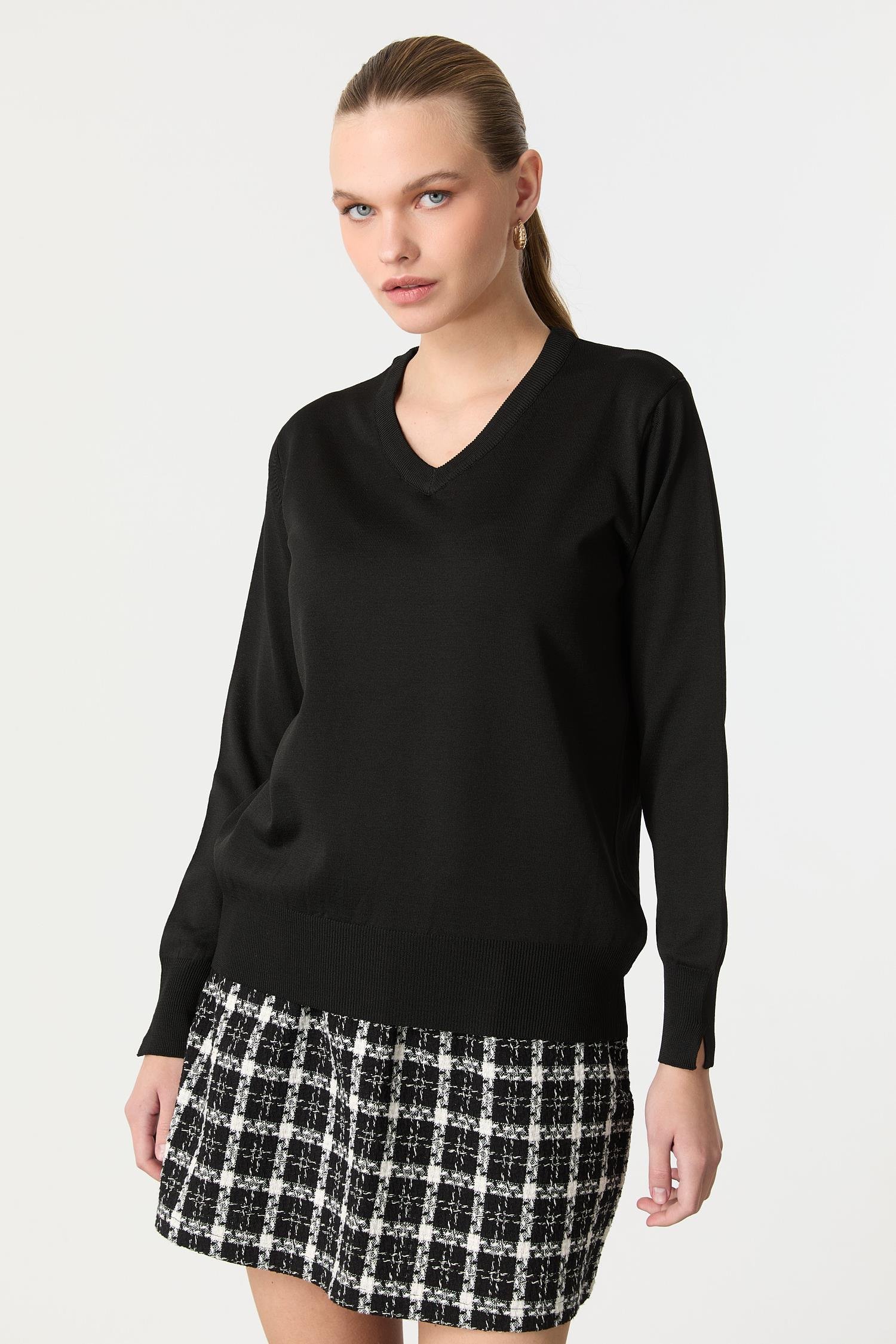 V Yaka Triko Kazak-SİYAH