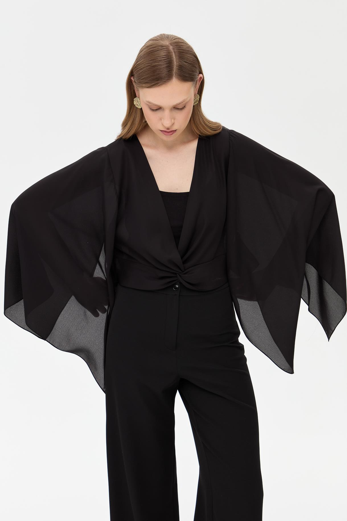 V Yaka Yarasa Kol Bluz - SİYAH