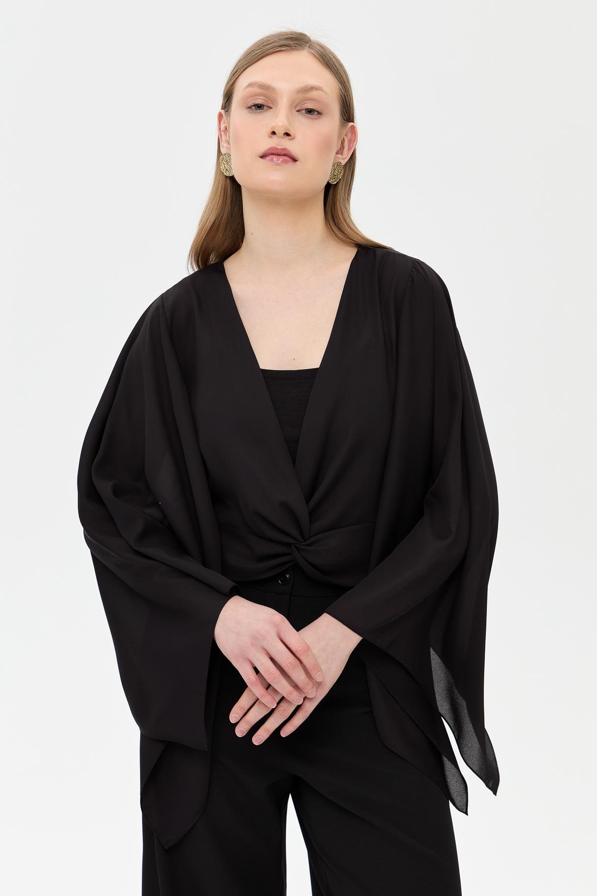 V Yaka Yarasa Kol Bluz - SİYAH