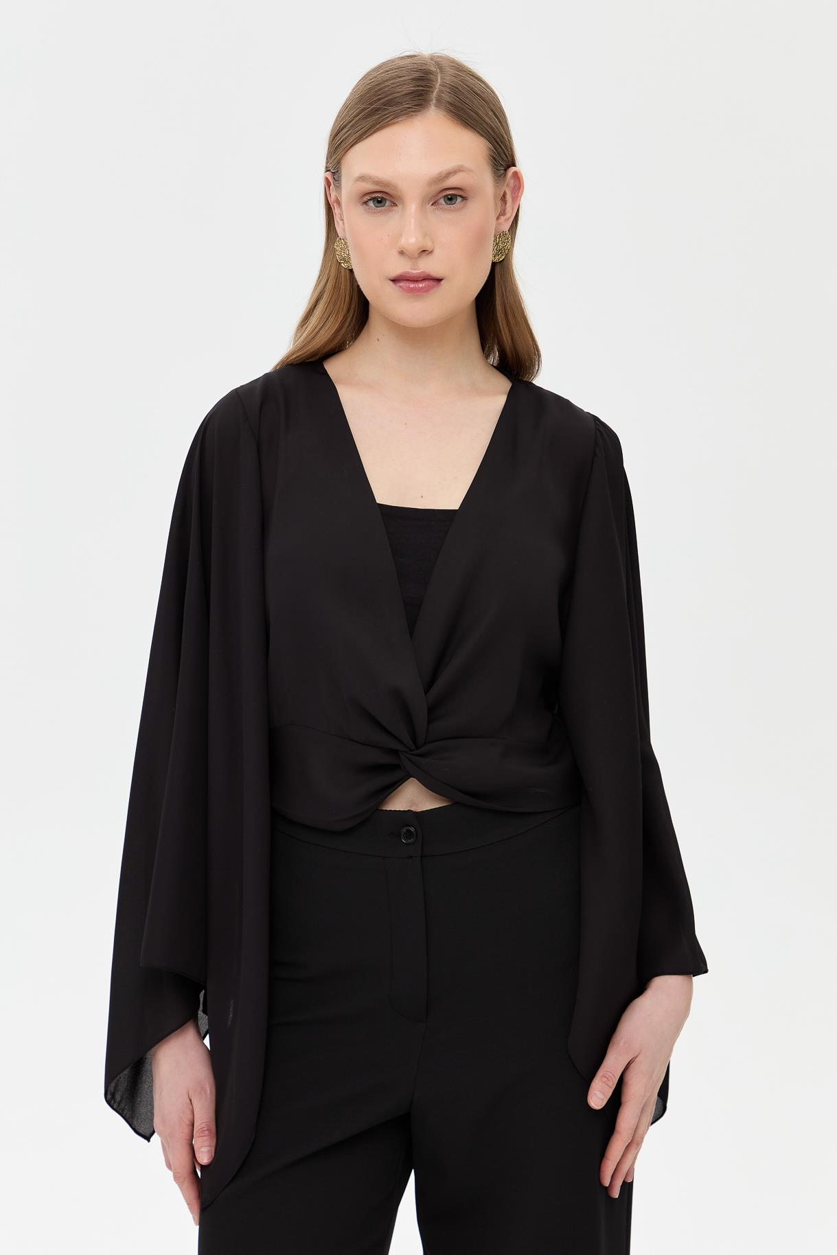 V Yaka Yarasa Kol Bluz - SİYAH