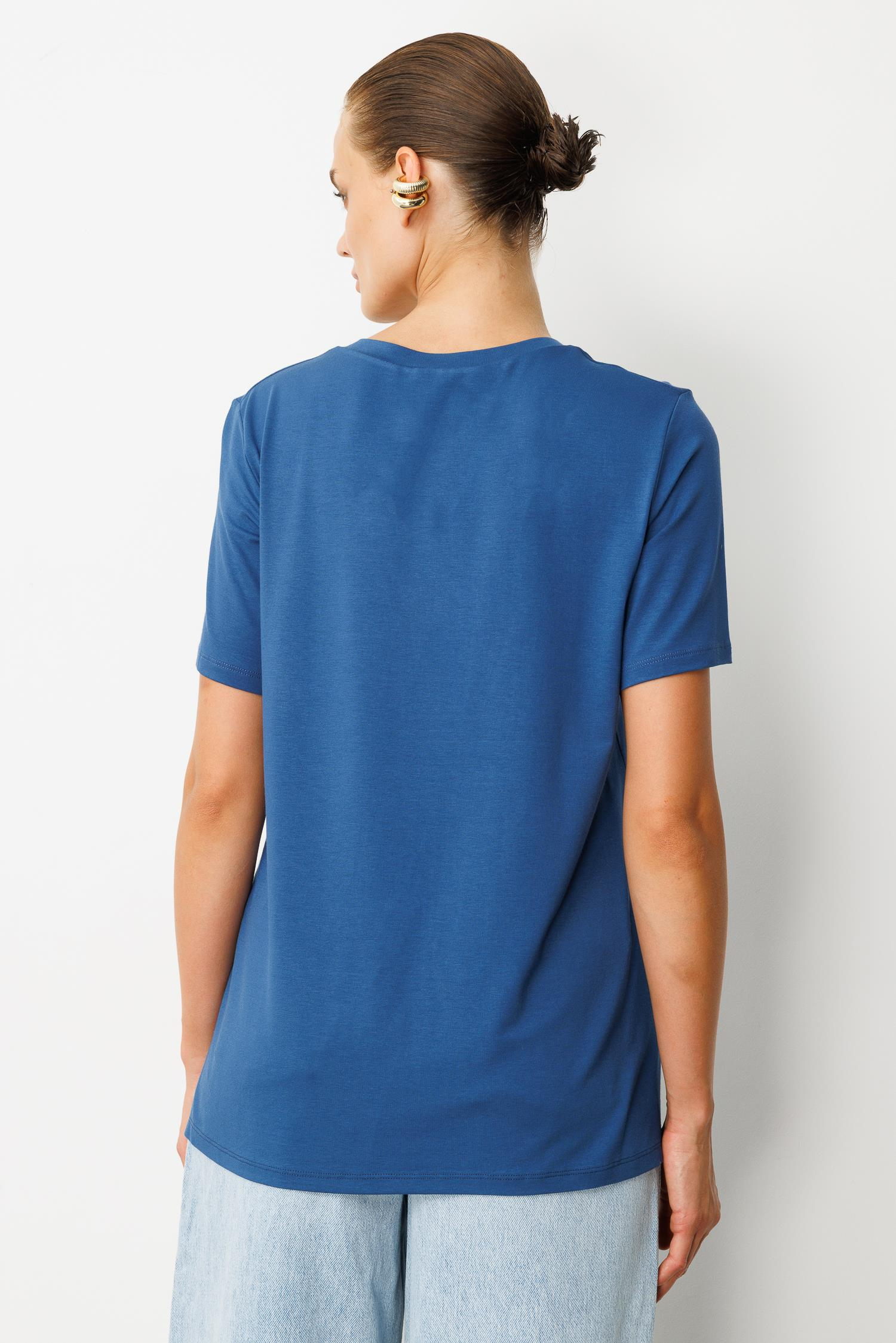 V Yaka Yıldız Baskı Tişört-İNDİGO