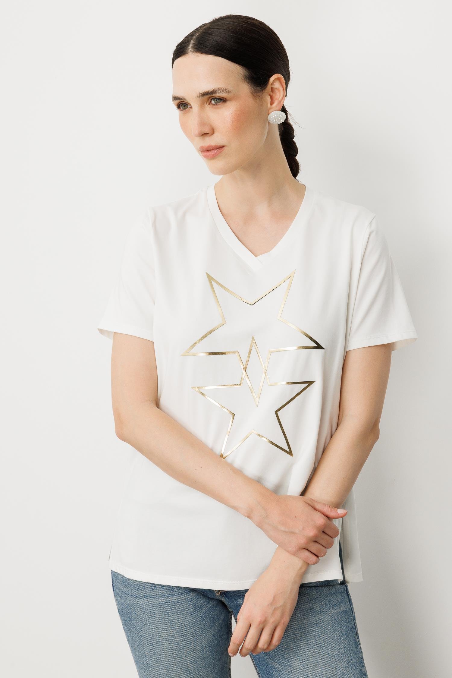 V Yaka Yıldız Baskı Tişört-KEMIK