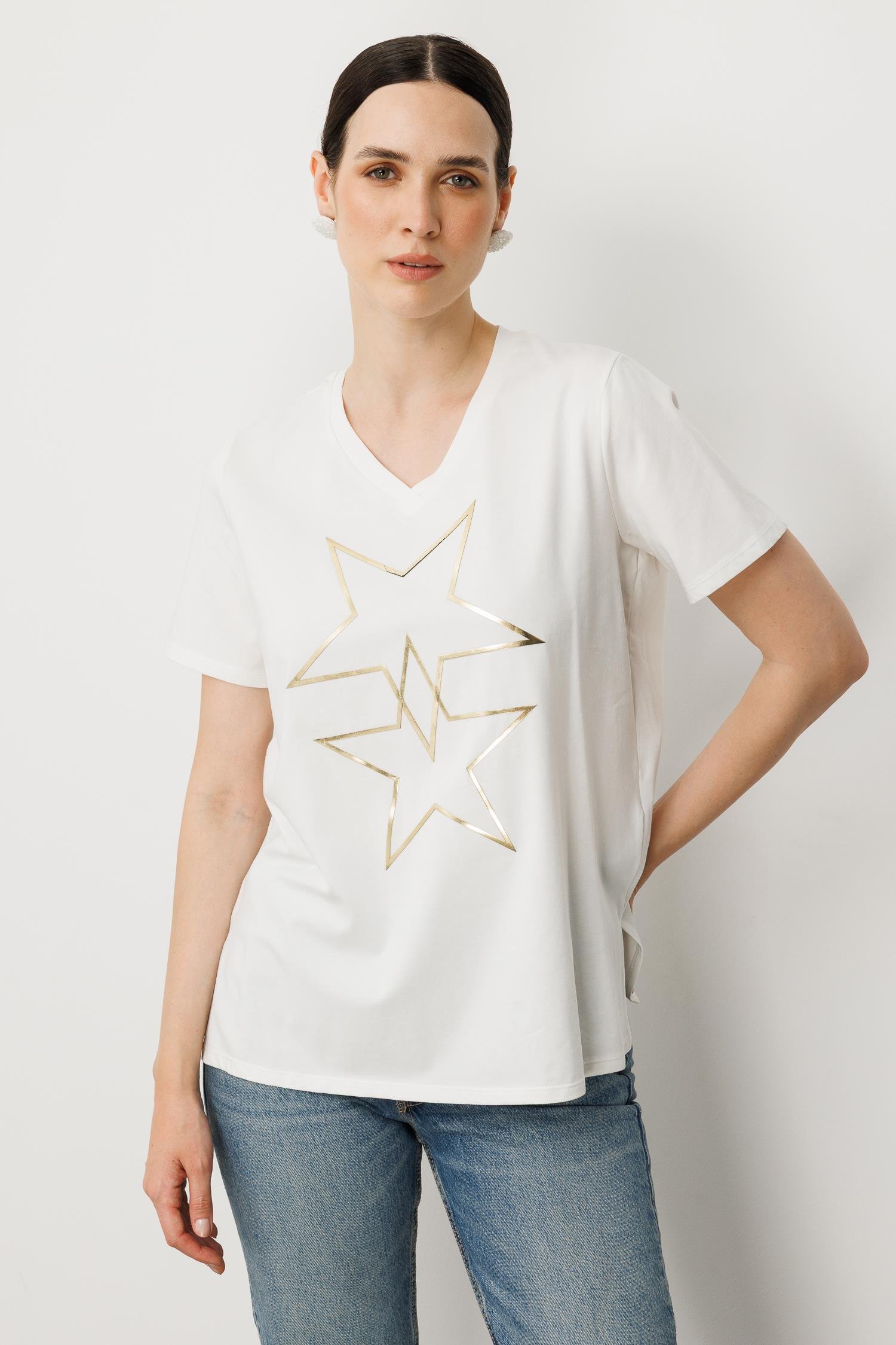 V Yaka Yıldız Baskı Tişört-KEMIK