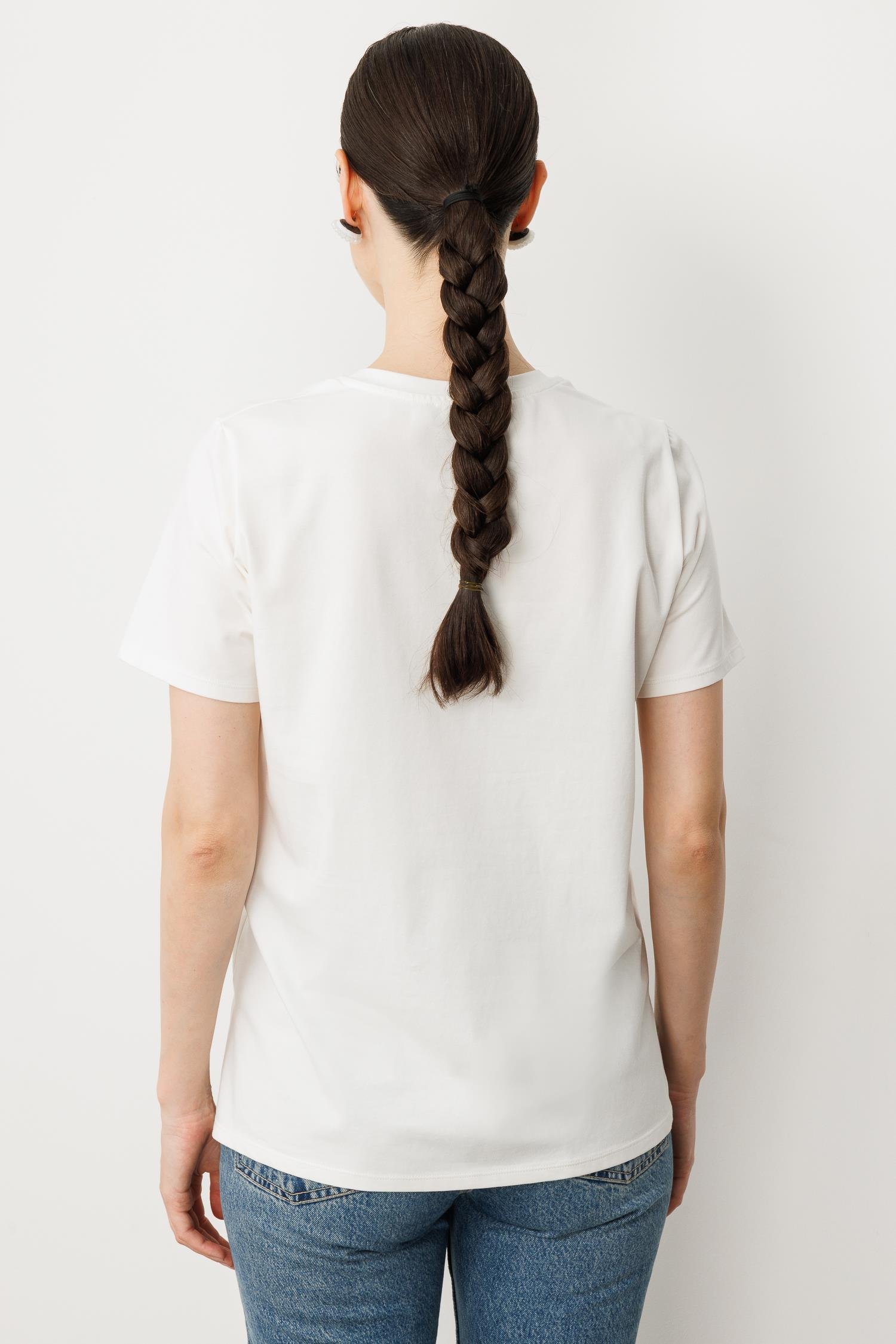 V Yaka Yıldız Baskı Tişört-KEMIK