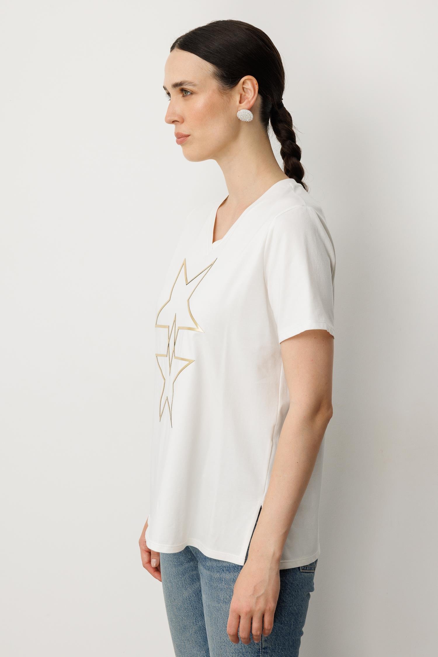 V Yaka Yıldız Baskı Tişört-KEMIK