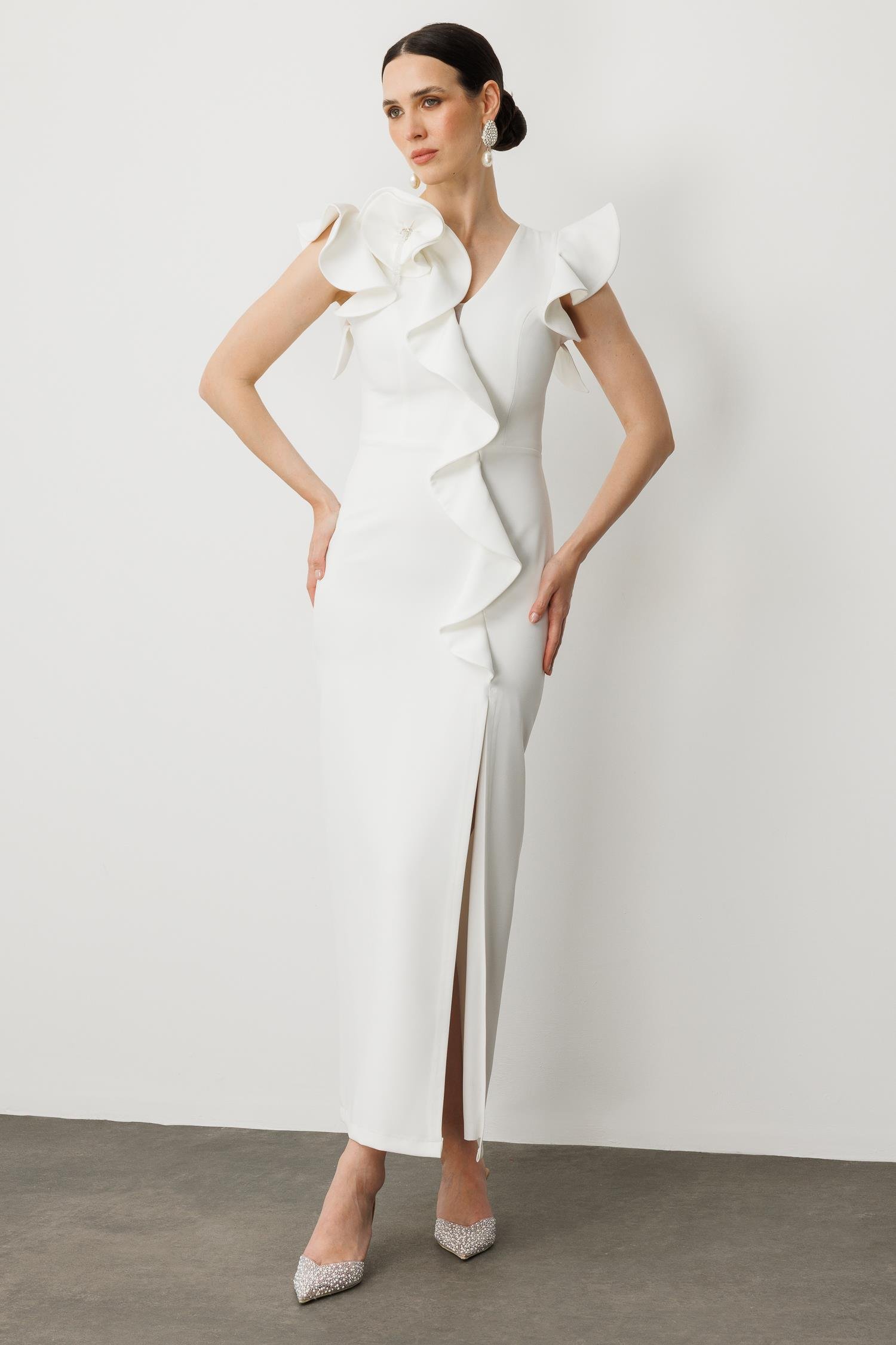 Volanlı Yırtmaçlı Abiye Elbise-BEYAZ