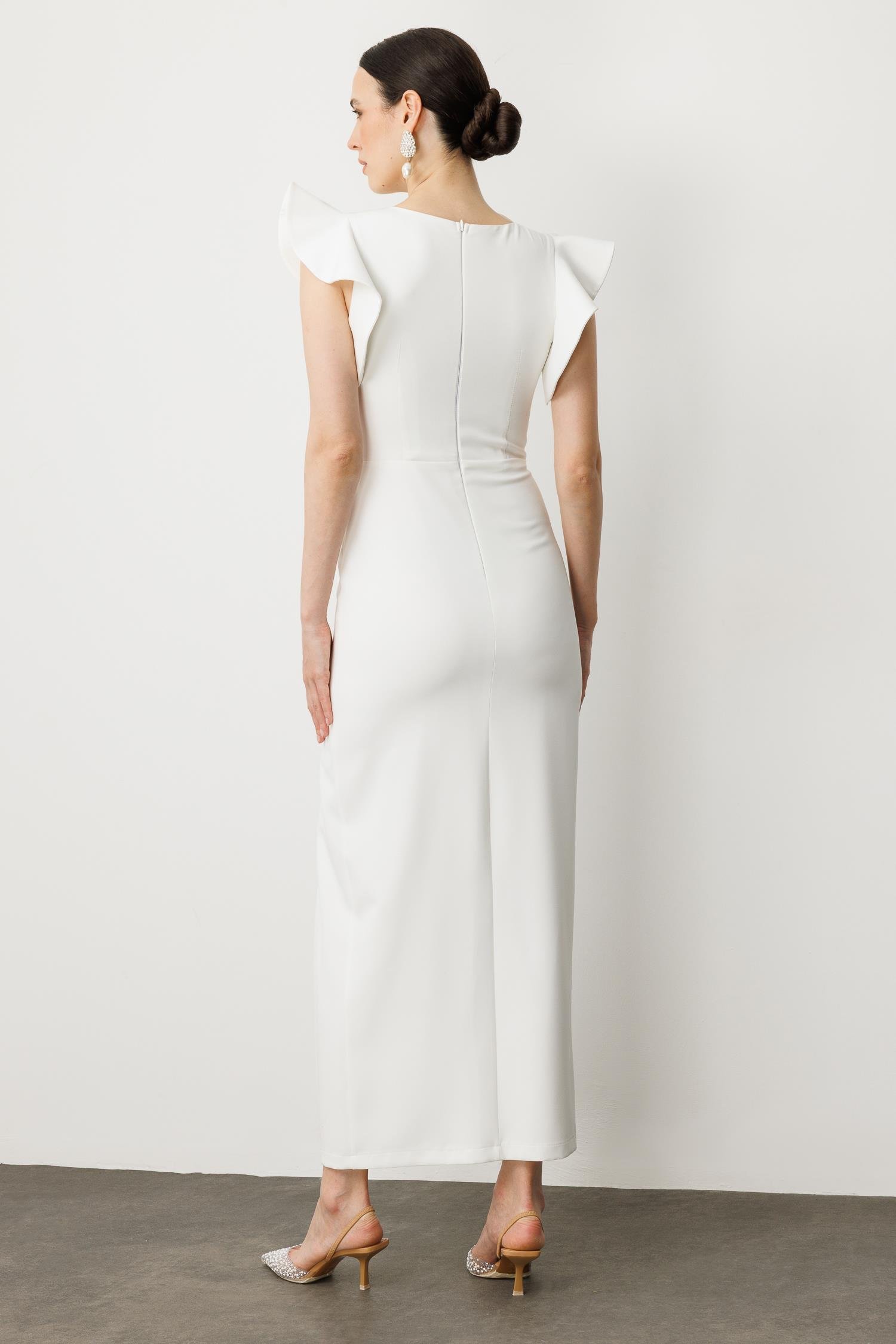 Volanlı Yırtmaçlı Abiye Elbise-BEYAZ