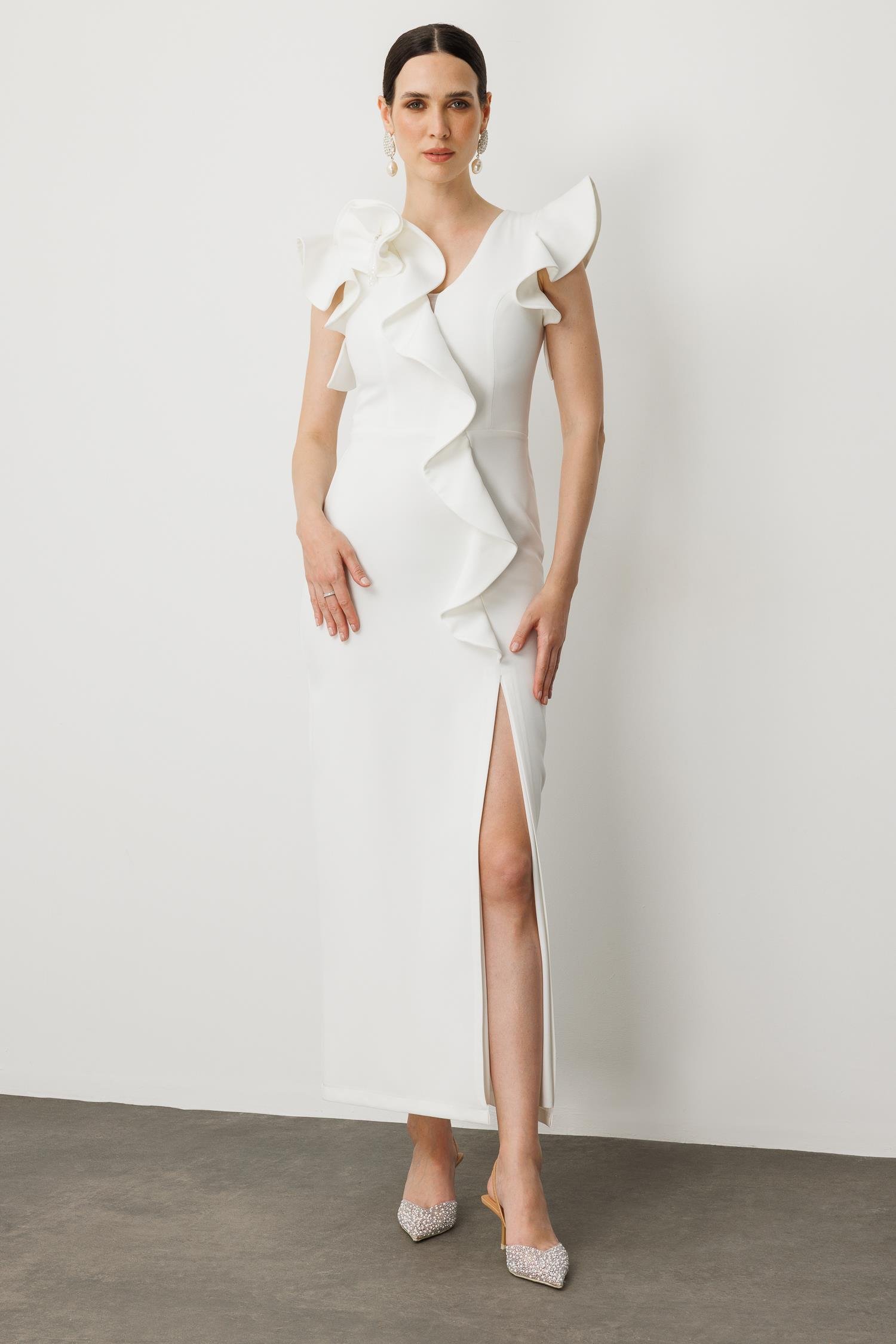 Volanlı Yırtmaçlı Abiye Elbise-BEYAZ