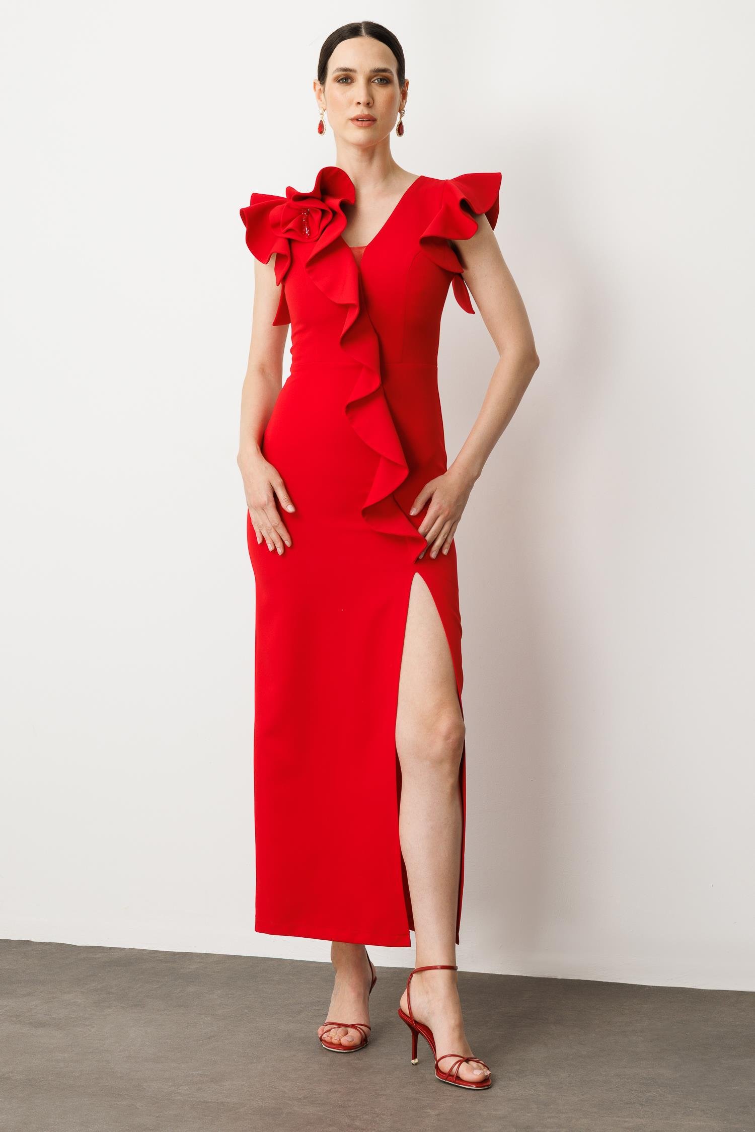 Volanlı Yırtmaçlı Abiye Elbise-KIRMIZI