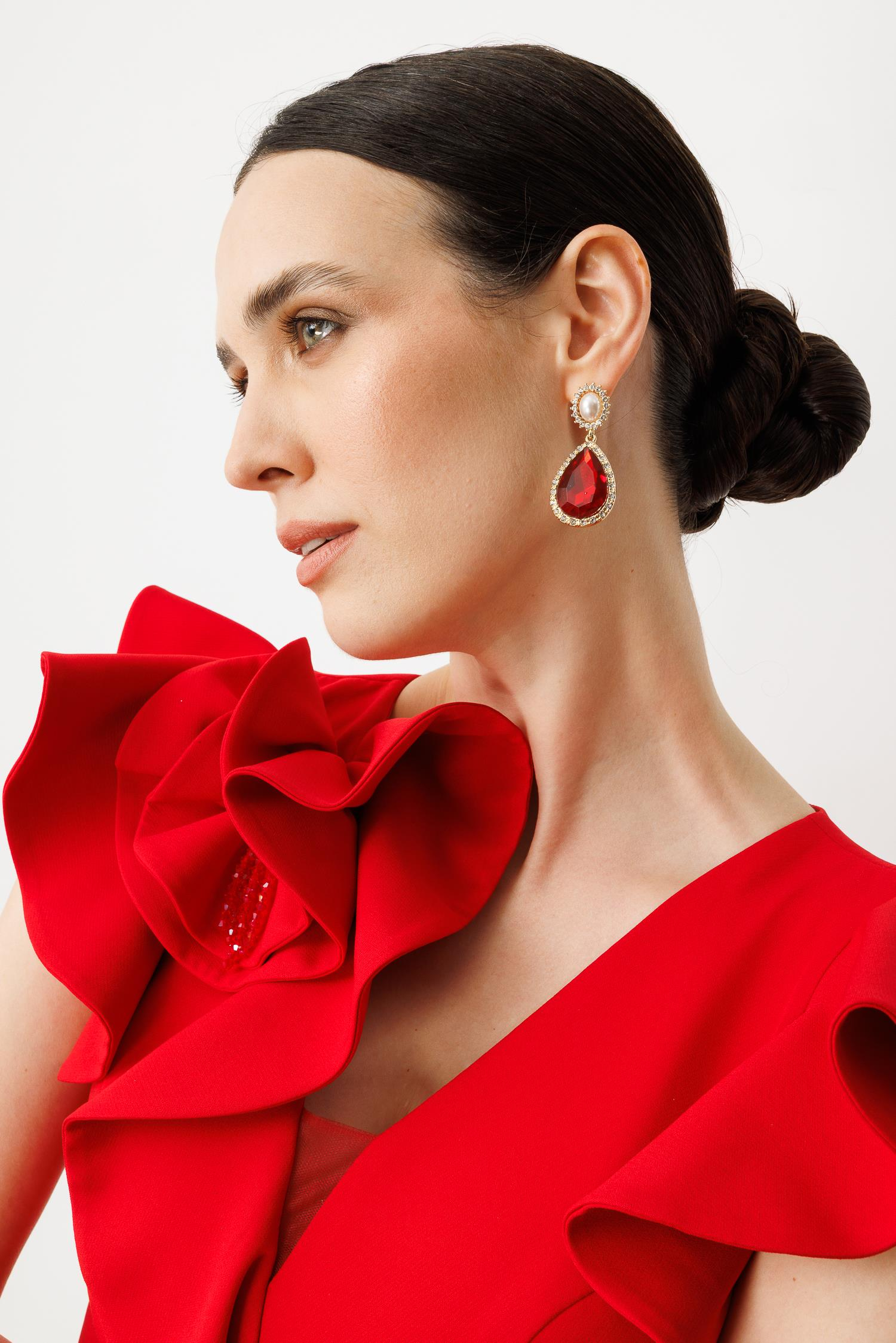 Volanlı Yırtmaçlı Abiye Elbise-KIRMIZI