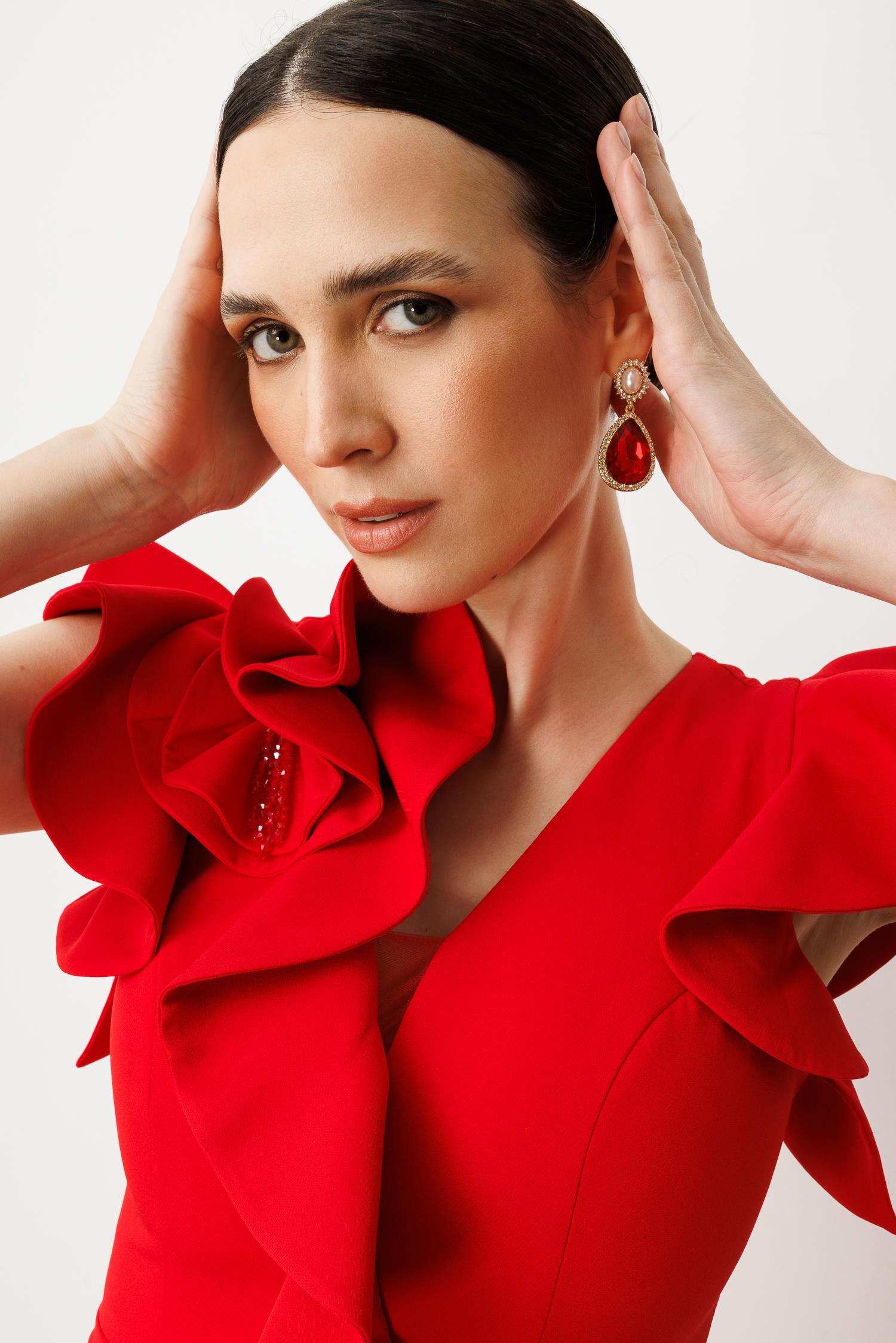 Volanlı Yırtmaçlı Abiye Elbise-KIRMIZI