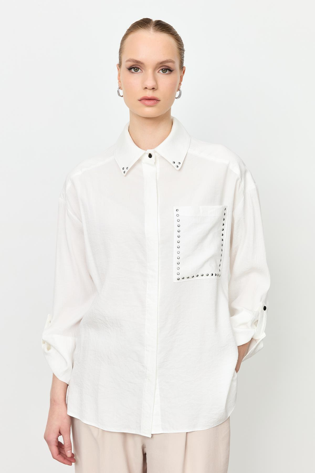 Yaka ve Cep Detaylı Gömlek-EKRU