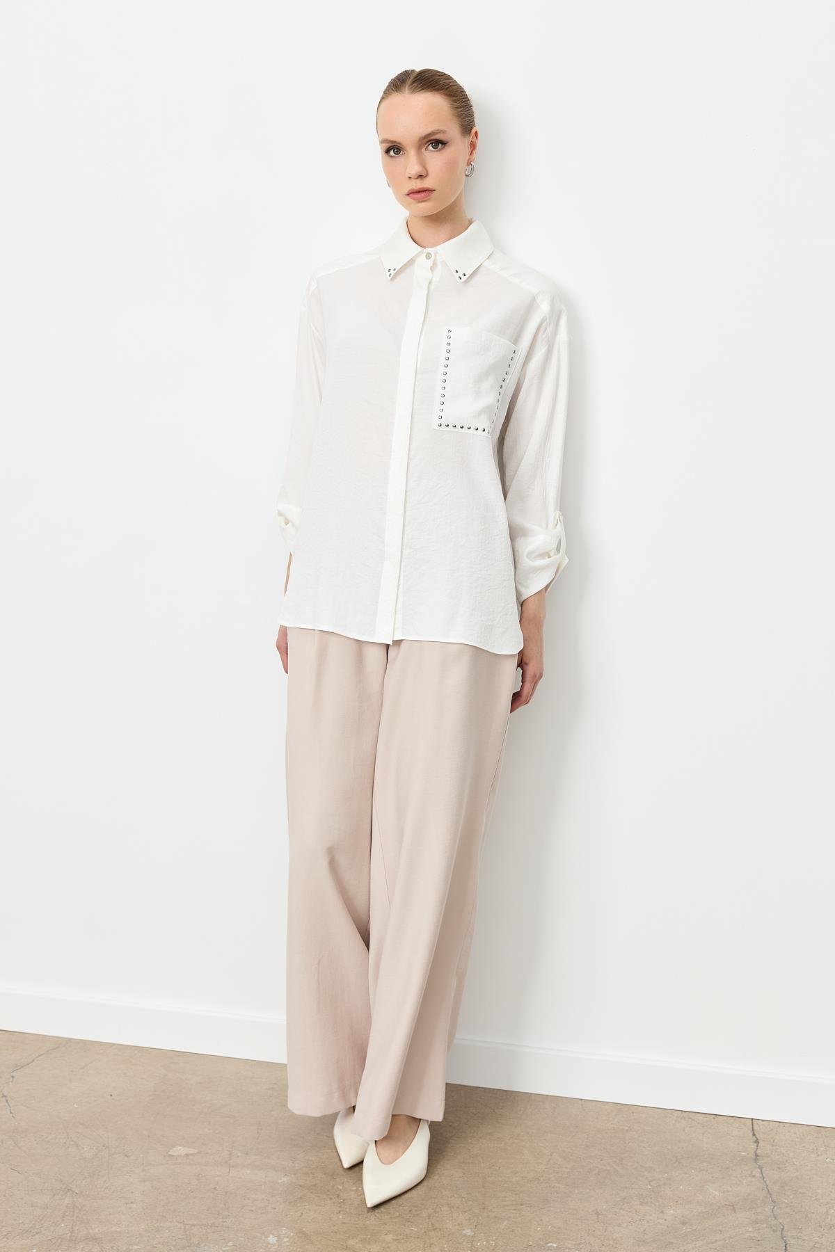 Yaka ve Cep Detaylı Gömlek-EKRU