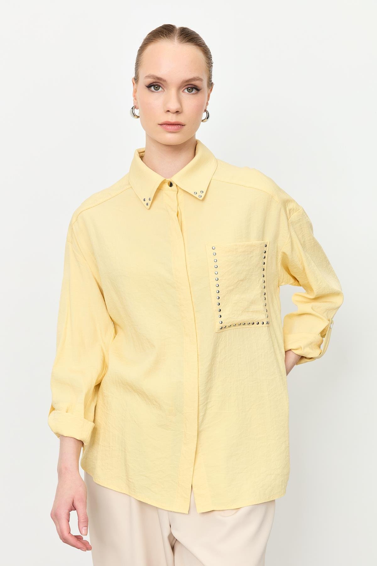 Yaka ve Cep Detaylı Gömlek-SARI