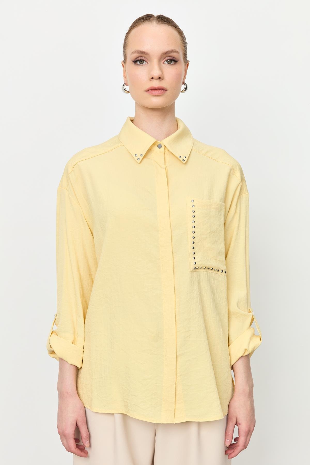 Yaka ve Cep Detaylı Gömlek-SARI