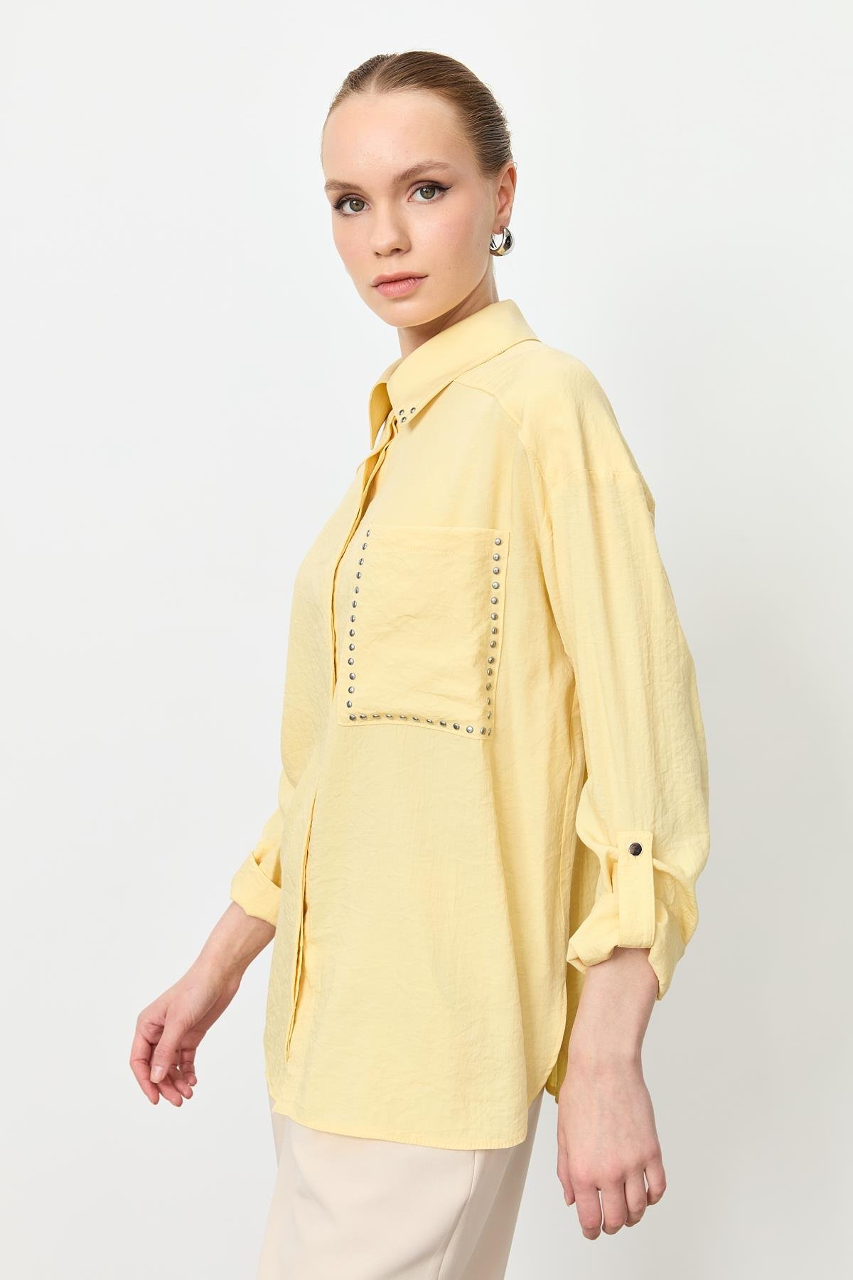 Yaka ve Cep Detaylı Gömlek-SARI
