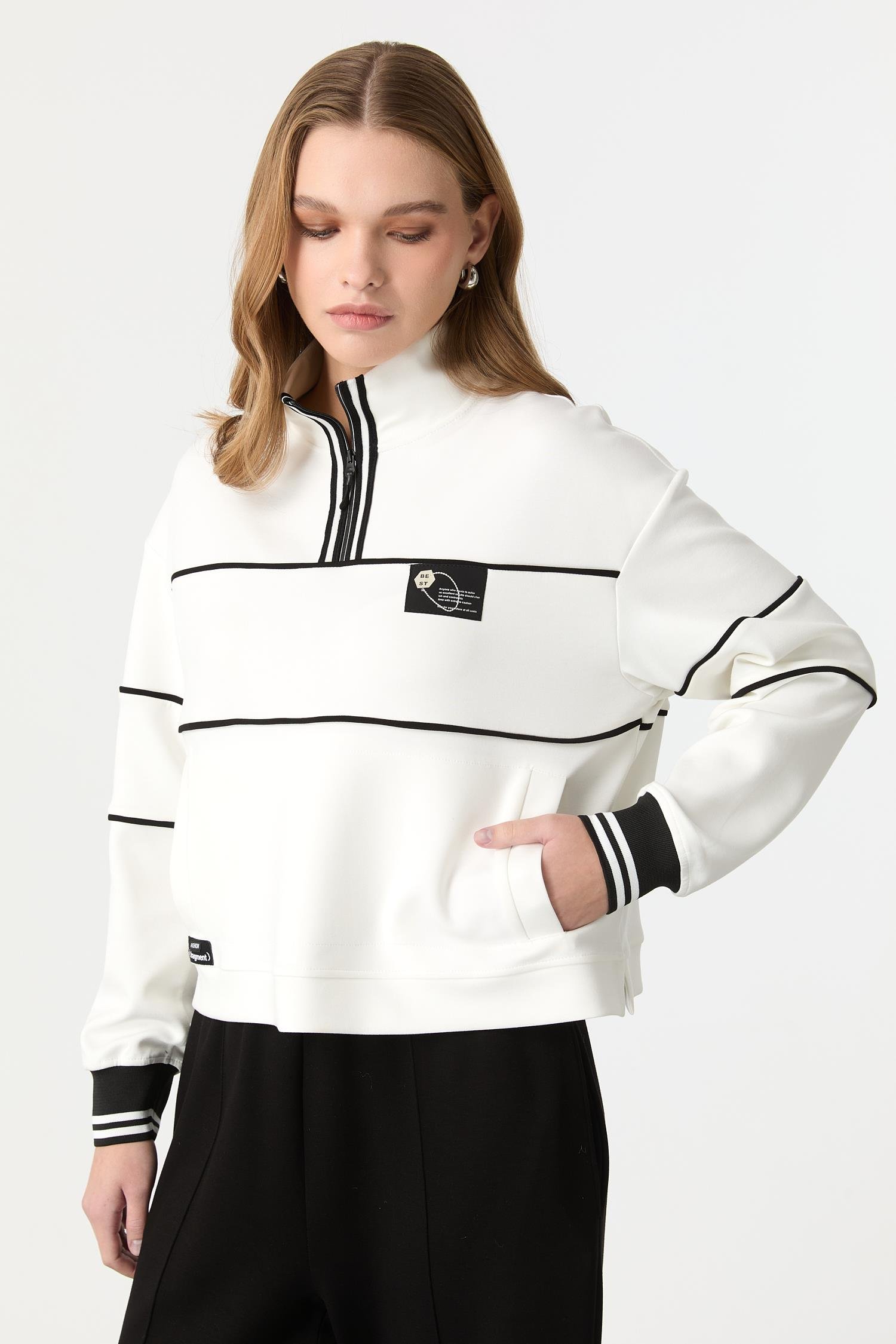 Yakası Fermuarlı Modal Bluz-KEMIK