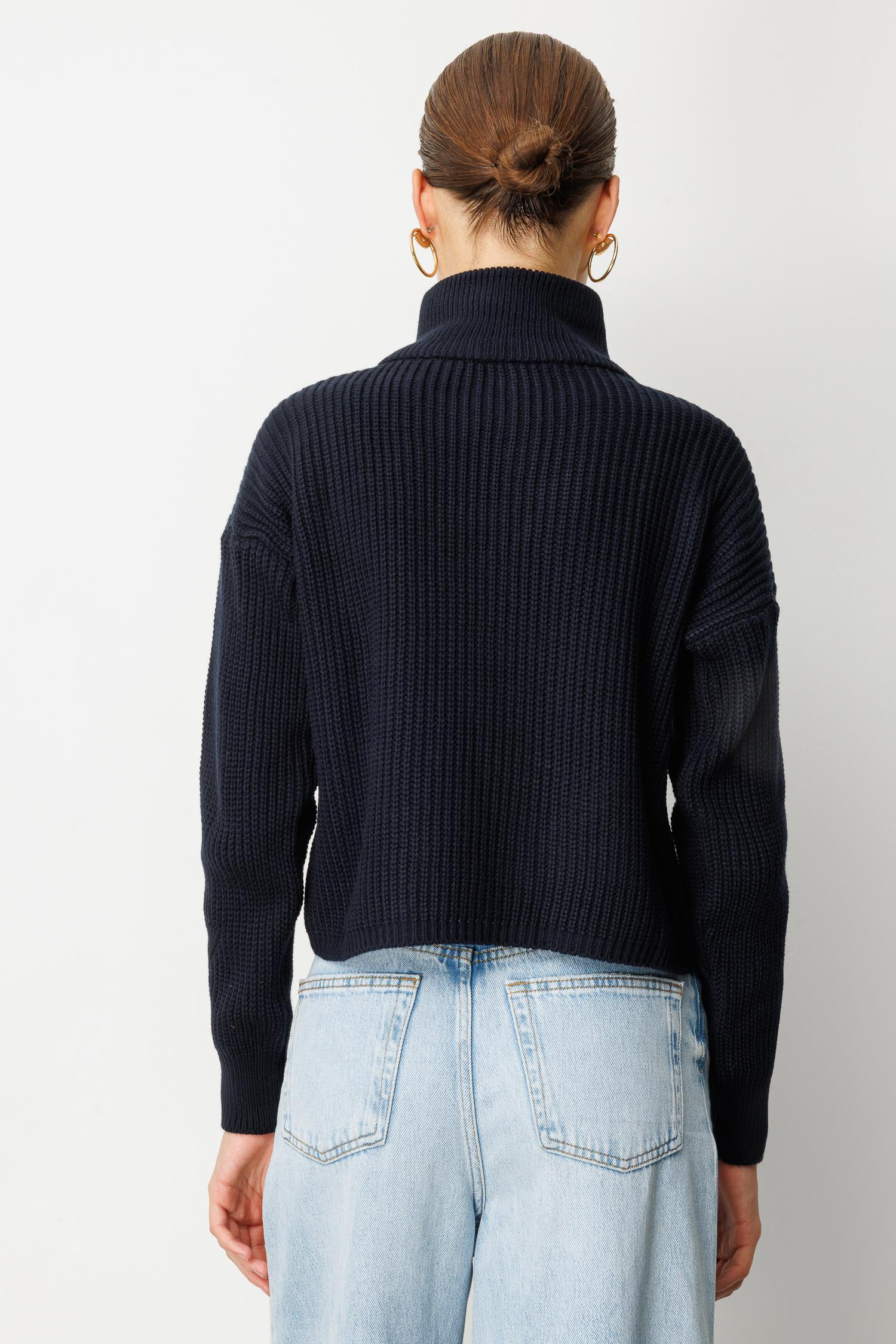 Yakası Fermuarlı Selanik Örgü Triko Kazak-SİYAH