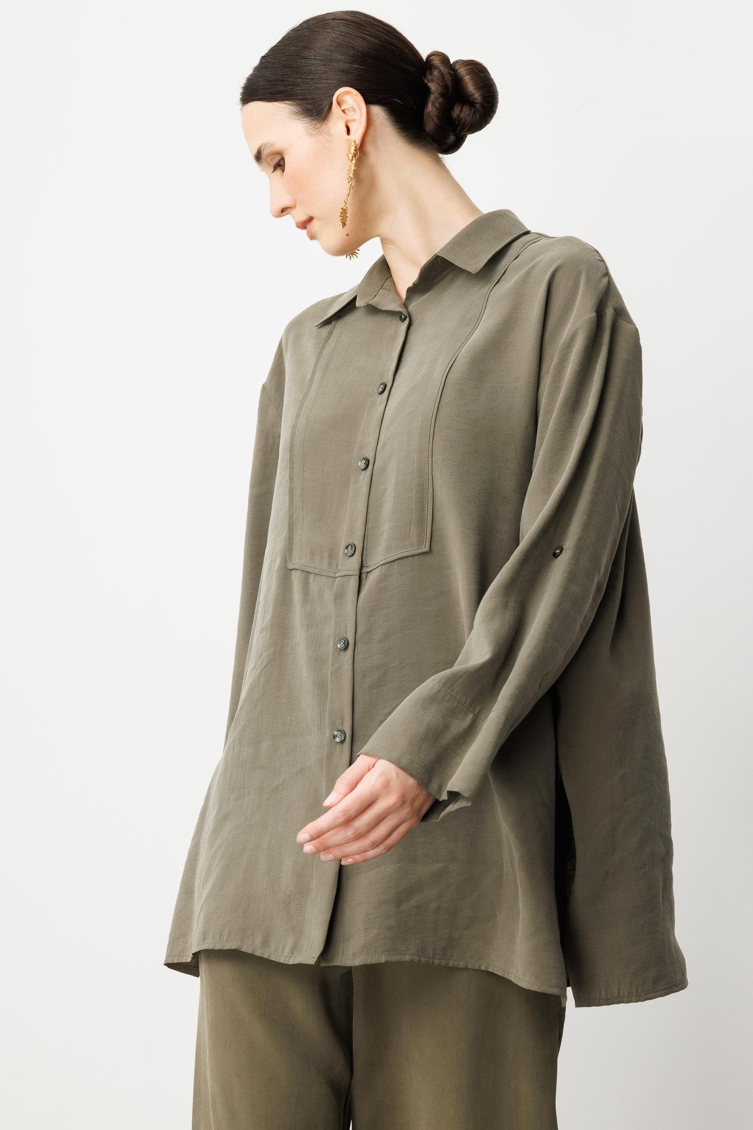 Yan Düğme Detay Tunik Gömlek-HAKİ