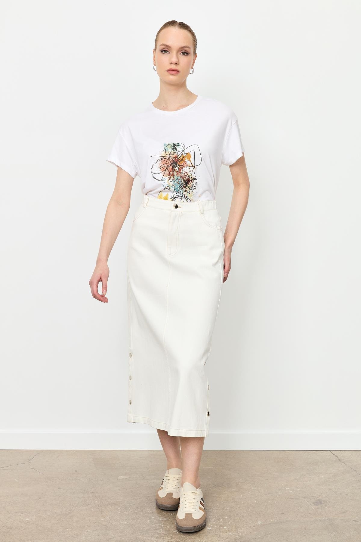 Yanları Çıtçıtlı Kot Etek-KEMIK