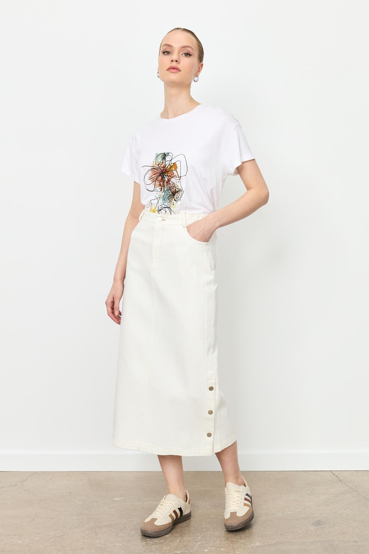 Yanları Çıtçıtlı Kot Etek-KEMIK