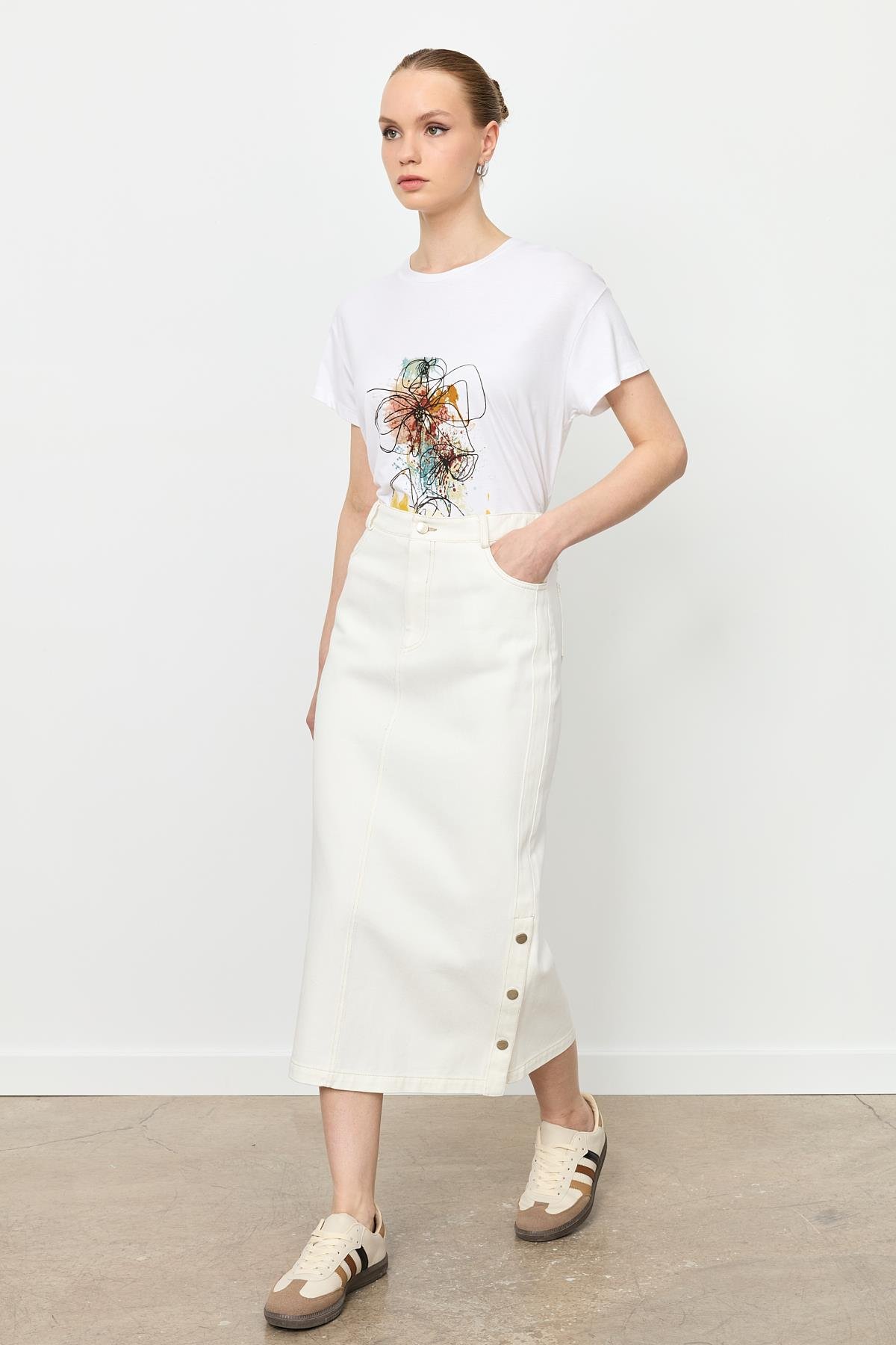 Yanları Çıtçıtlı Kot Etek-KEMIK