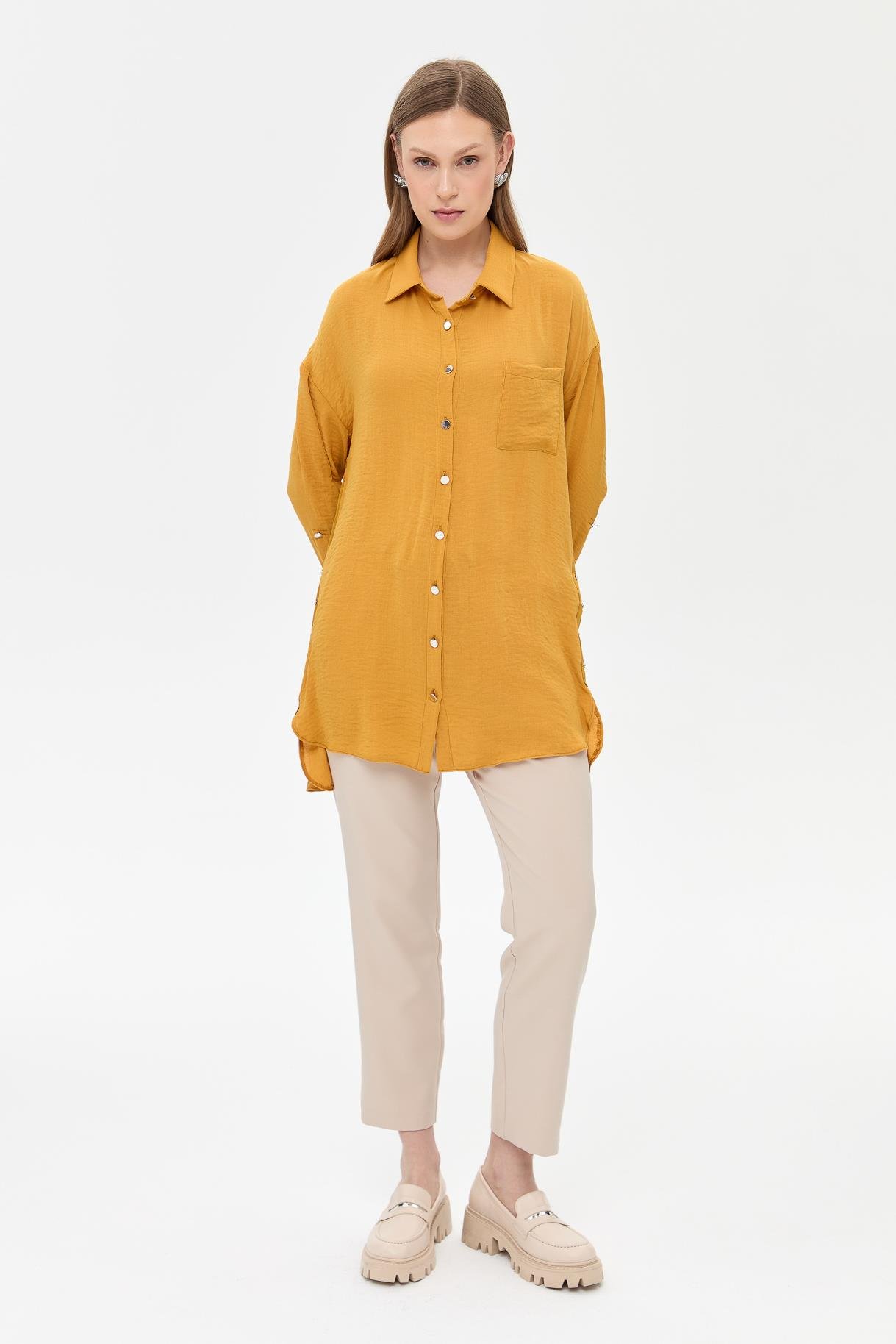 Yanları Zımba Detaylı Gömlek - HARDAL