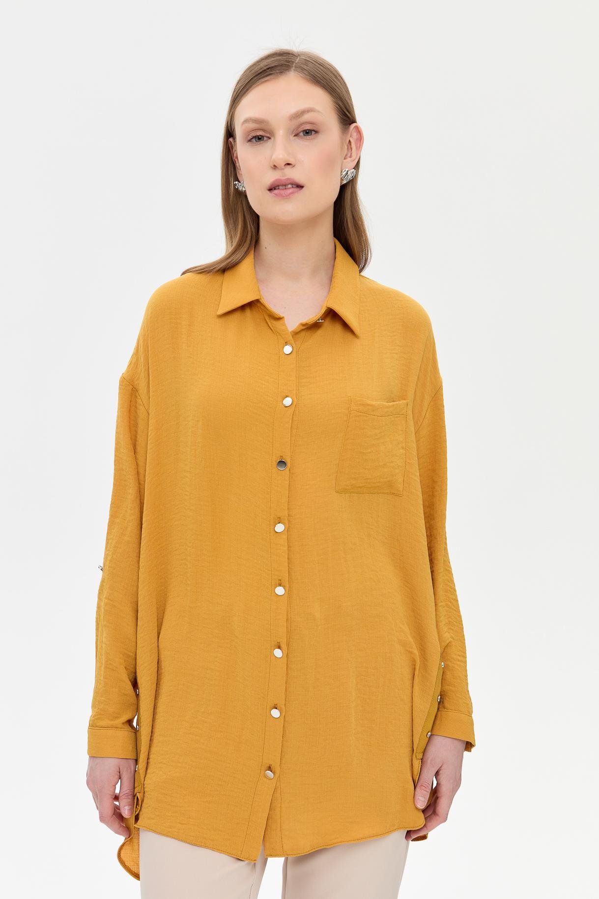 Yanları Zımba Detaylı Gömlek - HARDAL