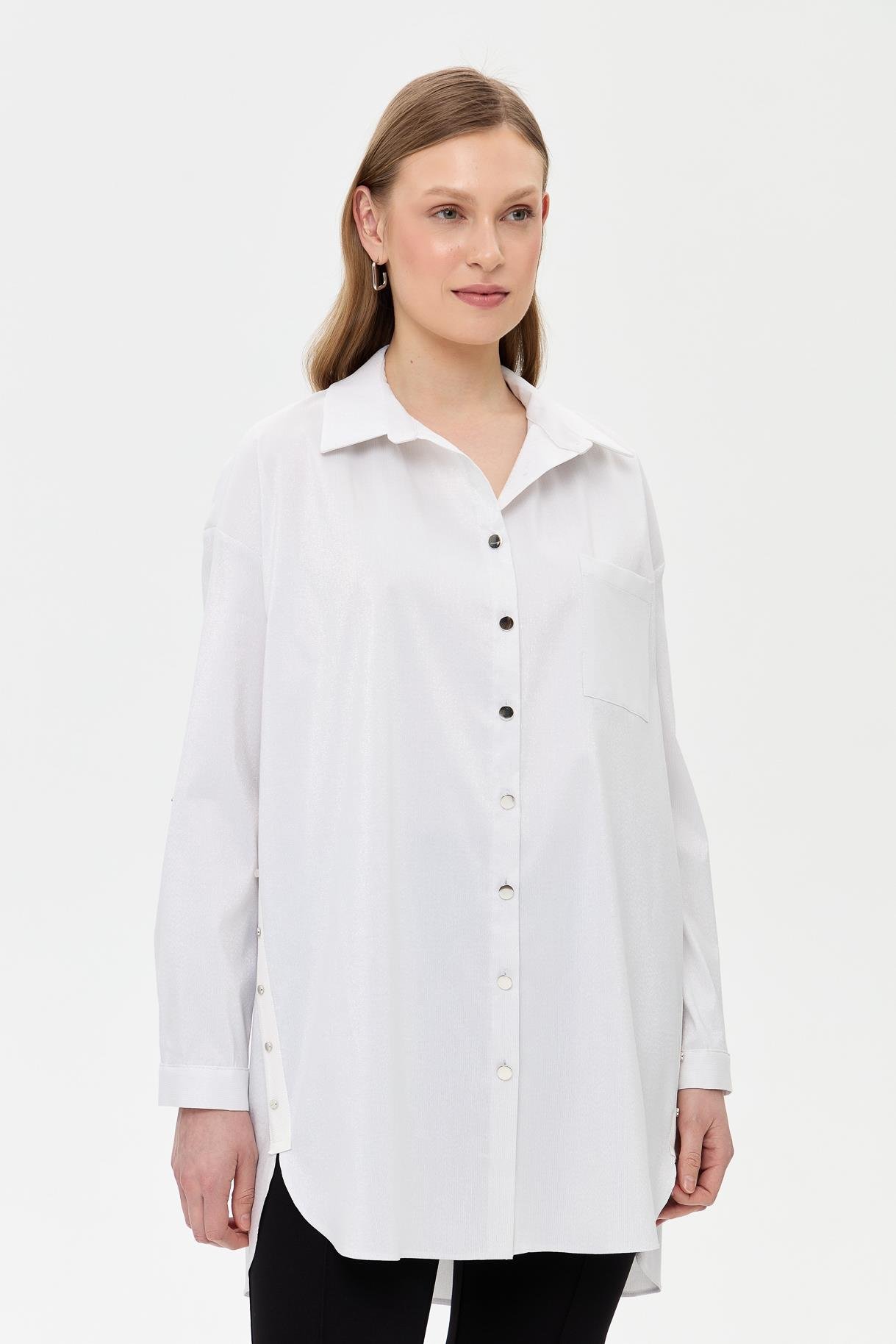 Yanları Zımba Detaylı Simli Gömlek - BEYAZ