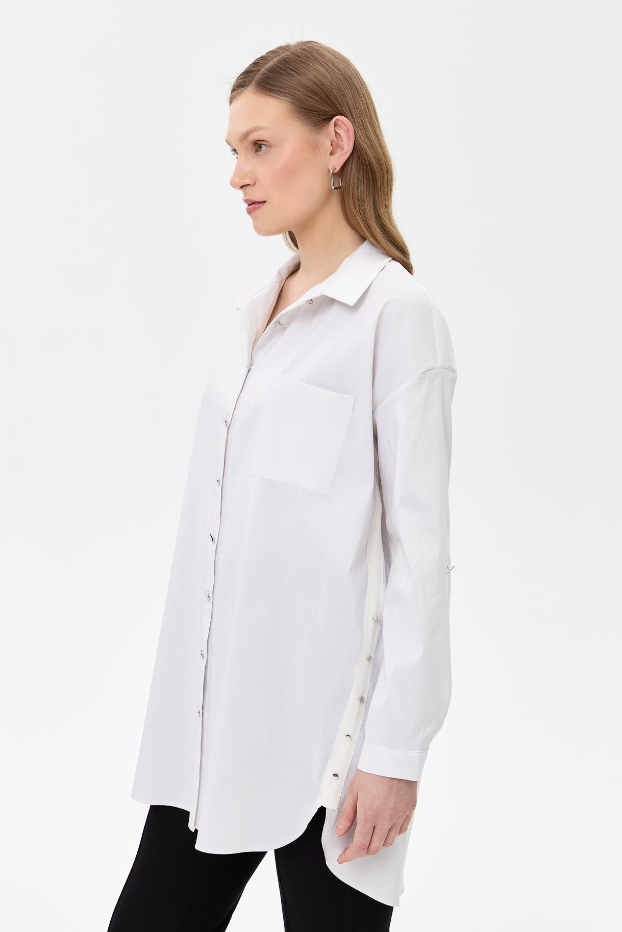 Yanları Zımba Detaylı Simli Gömlek - BEYAZ