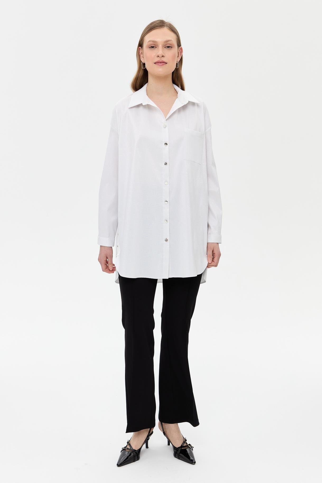 Yanları Zımba Detaylı Simli Gömlek - BEYAZ