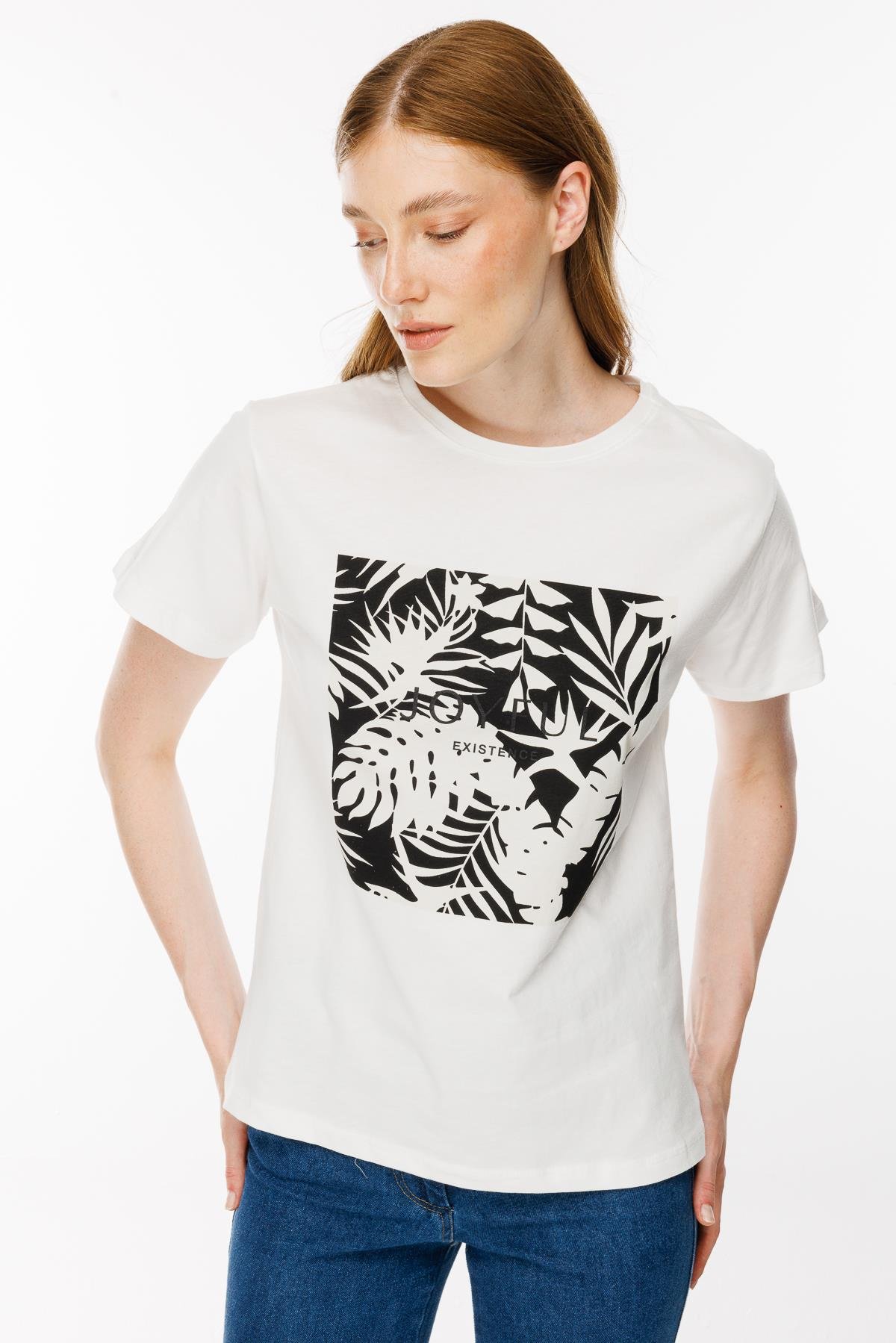 Yaprak Baskı Desenli Tişört - BEYAZ/SİYAH