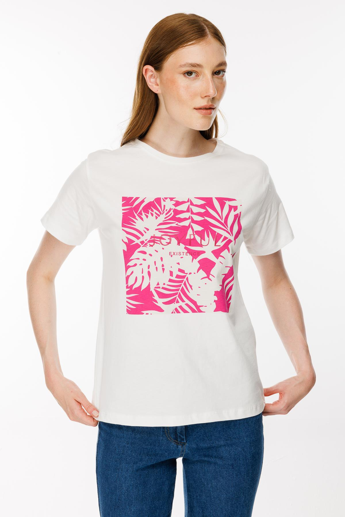 Yaprak Baskı Desenli Tişört - FUJYA/EKRU