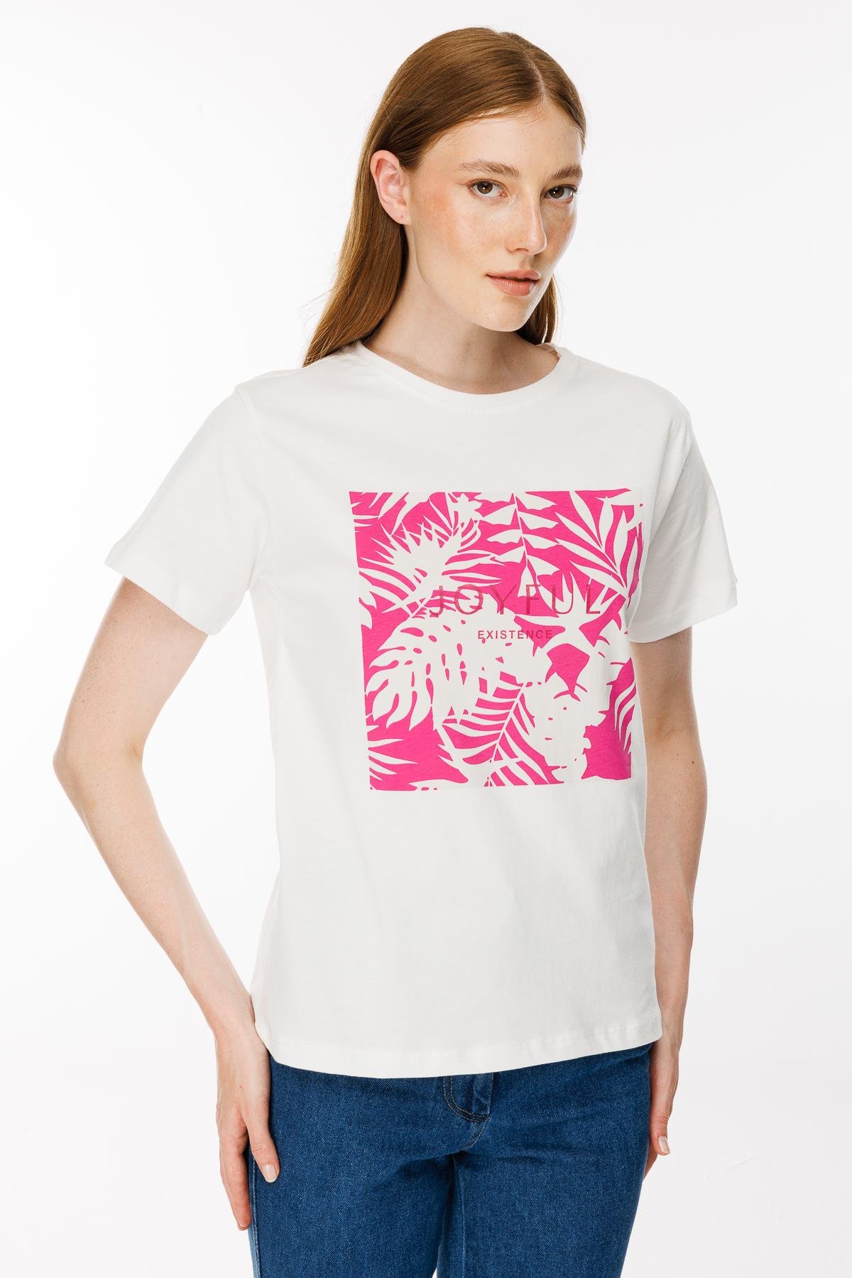 Yaprak Baskı Desenli Tişört - FUJYA/EKRU