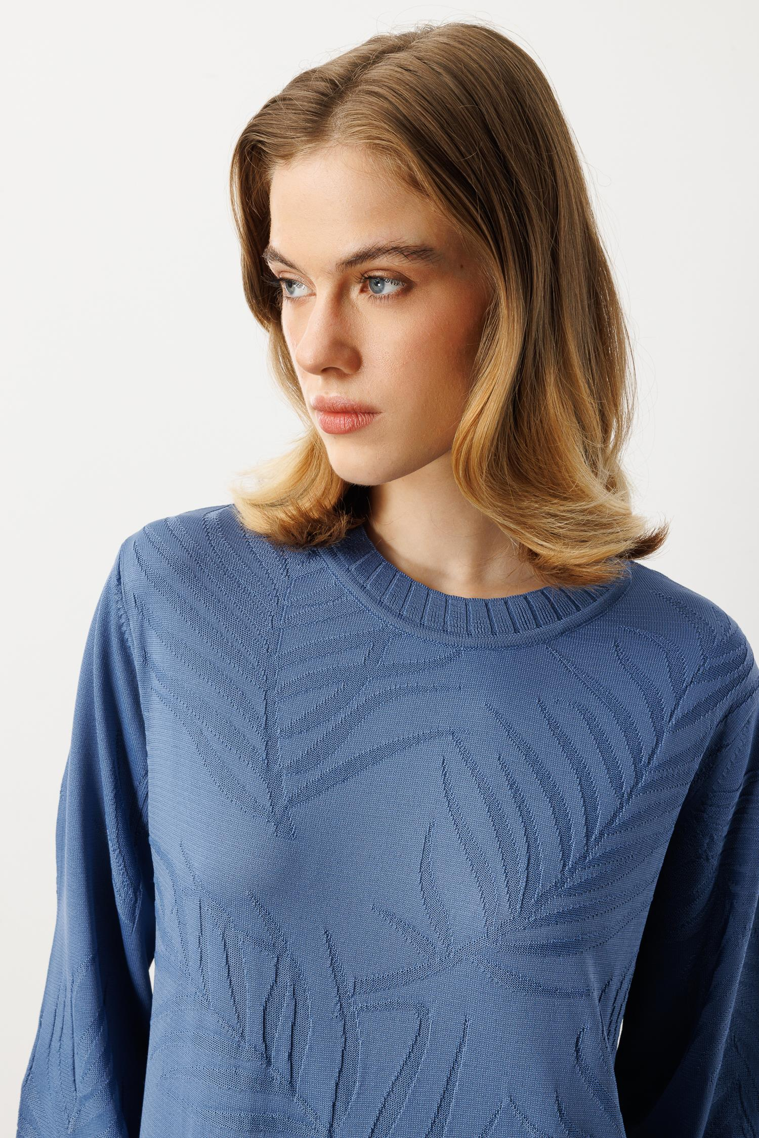 Yaprak Desenli Uzun Triko Elbise-İNDİGO