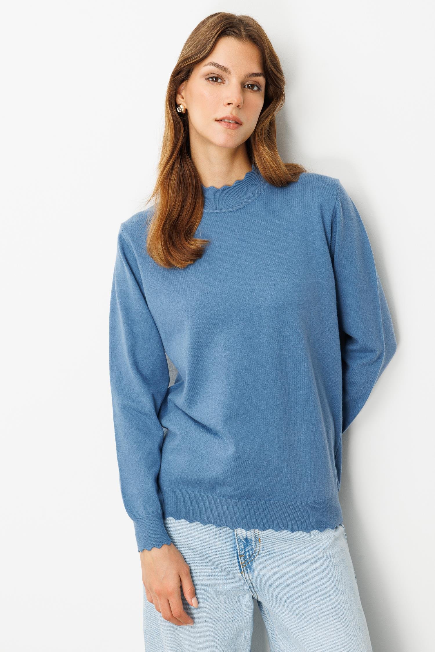 Yarım Balıkçı Angora Triko Kazak-İNDİGO