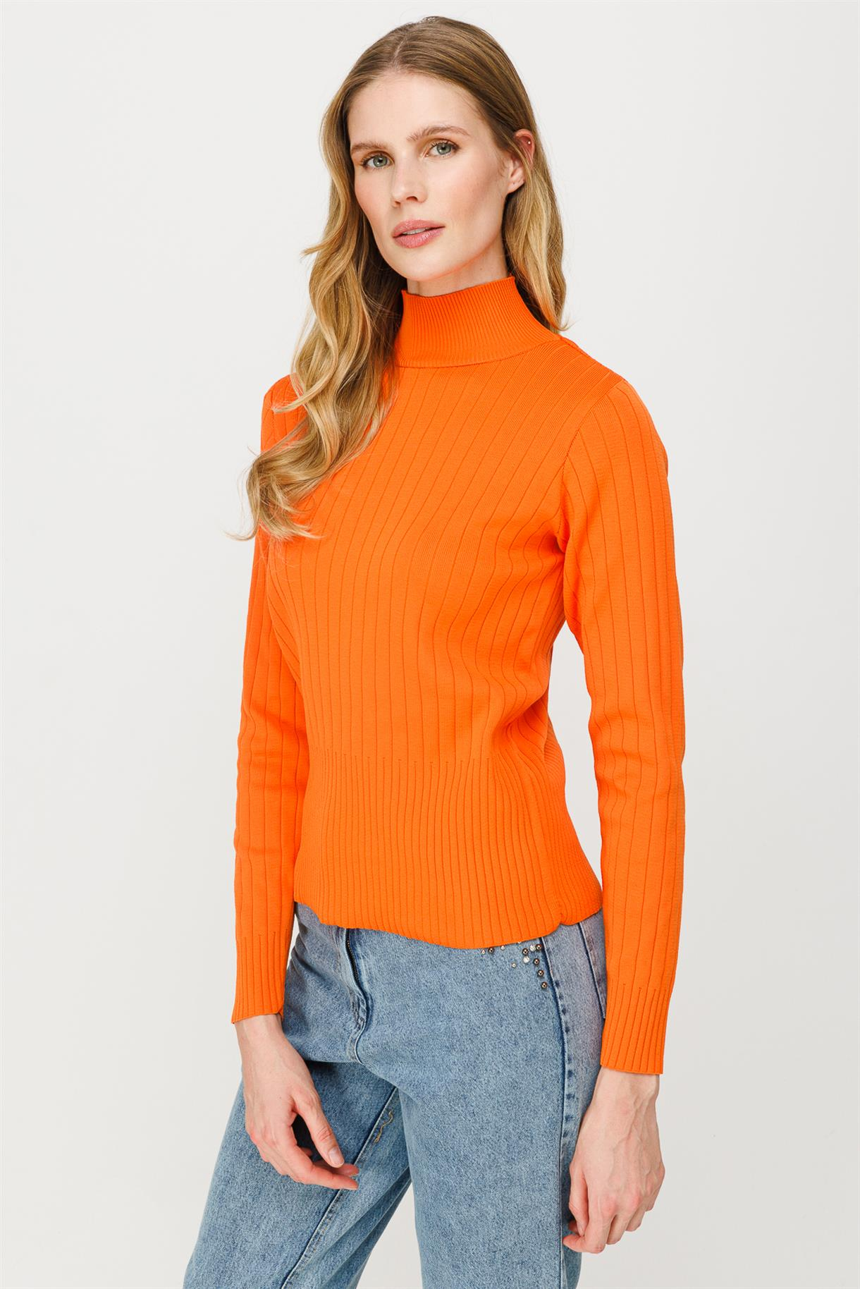Yarım Balıkçı Fitilli Basic Triko Kazak - ORANJE