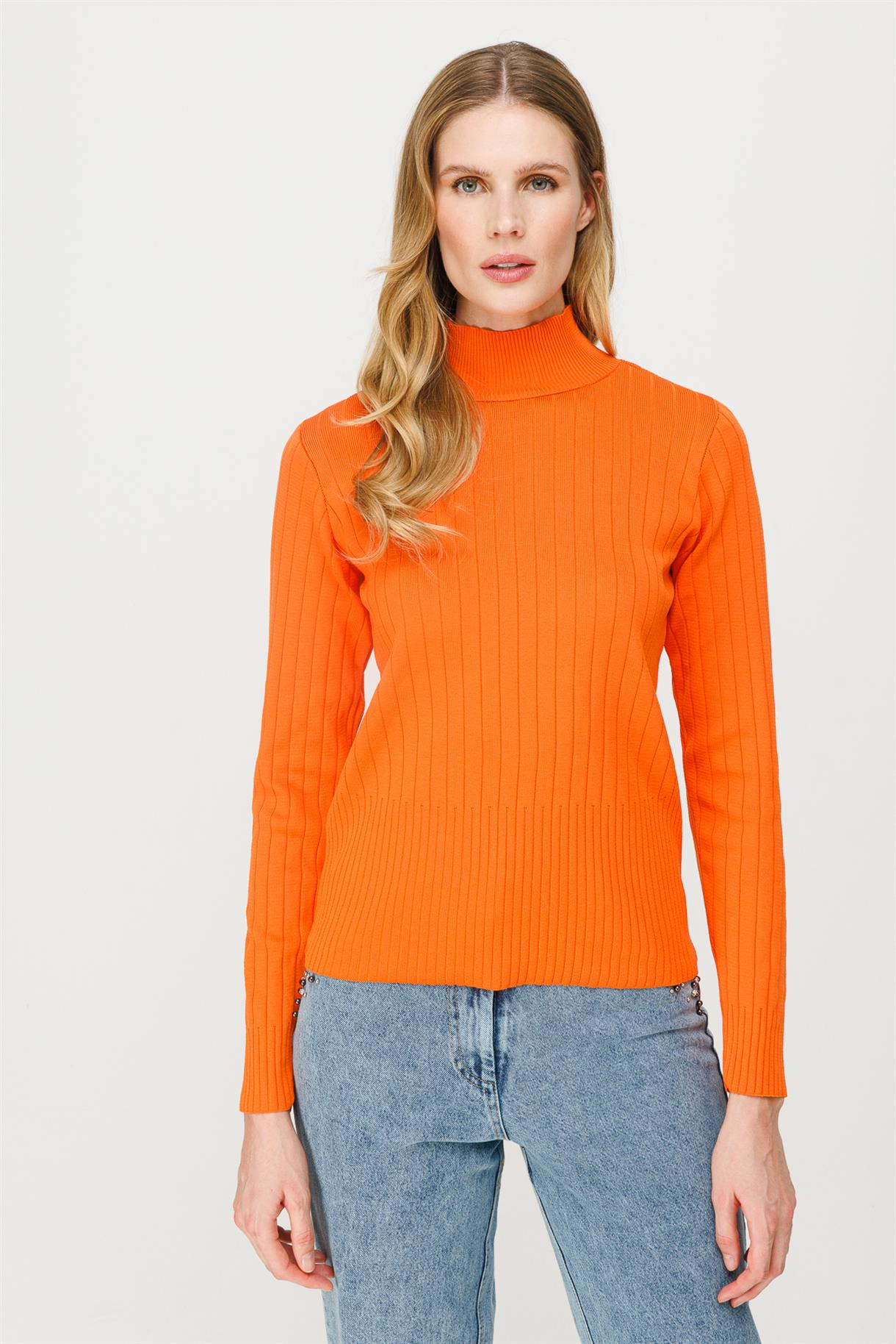 Yarım Balıkçı Fitilli Basic Triko Kazak - ORANJE