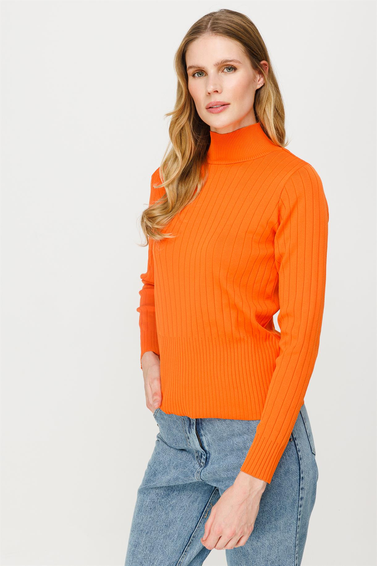 Yarım Balıkçı Fitilli Basic Triko Kazak - ORANJE