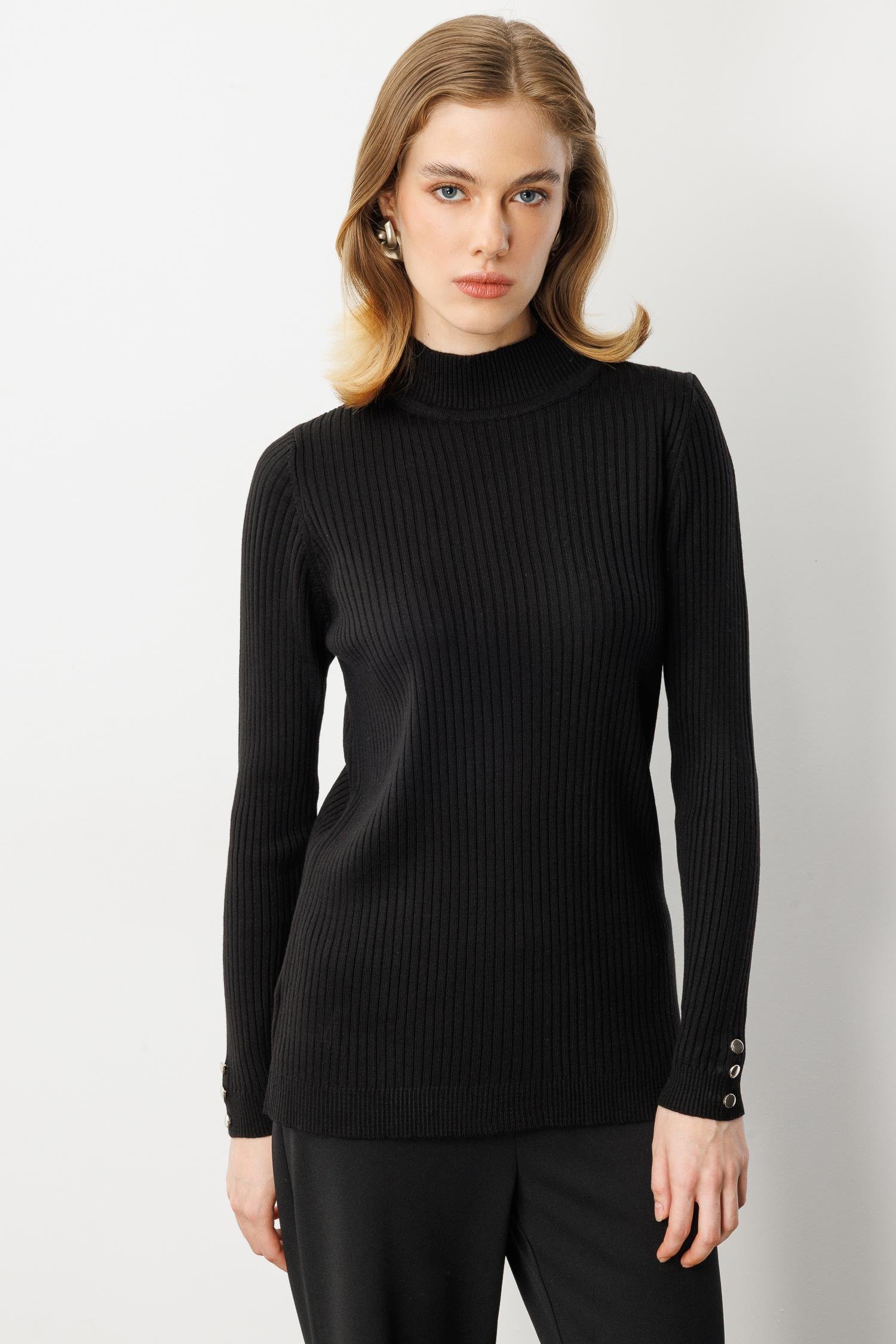 Yarım Balıkçı Fitilli Triko Kazak-SİYAH